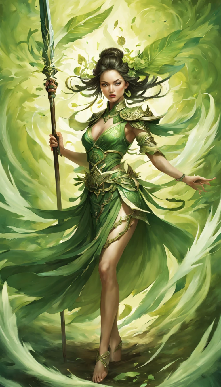 (A Full body Illustration:1.5), high definition|quality|contrast. Magic Fantasy art. a Chinese warrior woman wielding a spear, traditional dress in shades of green, a fenix tattoo on the right leg, in a battle pose, swirl of leaves around. her body emanates an energy of peace and strength that emits white and green colors of peace and strength.This energy that radiates around her protects her against an evil spirit.