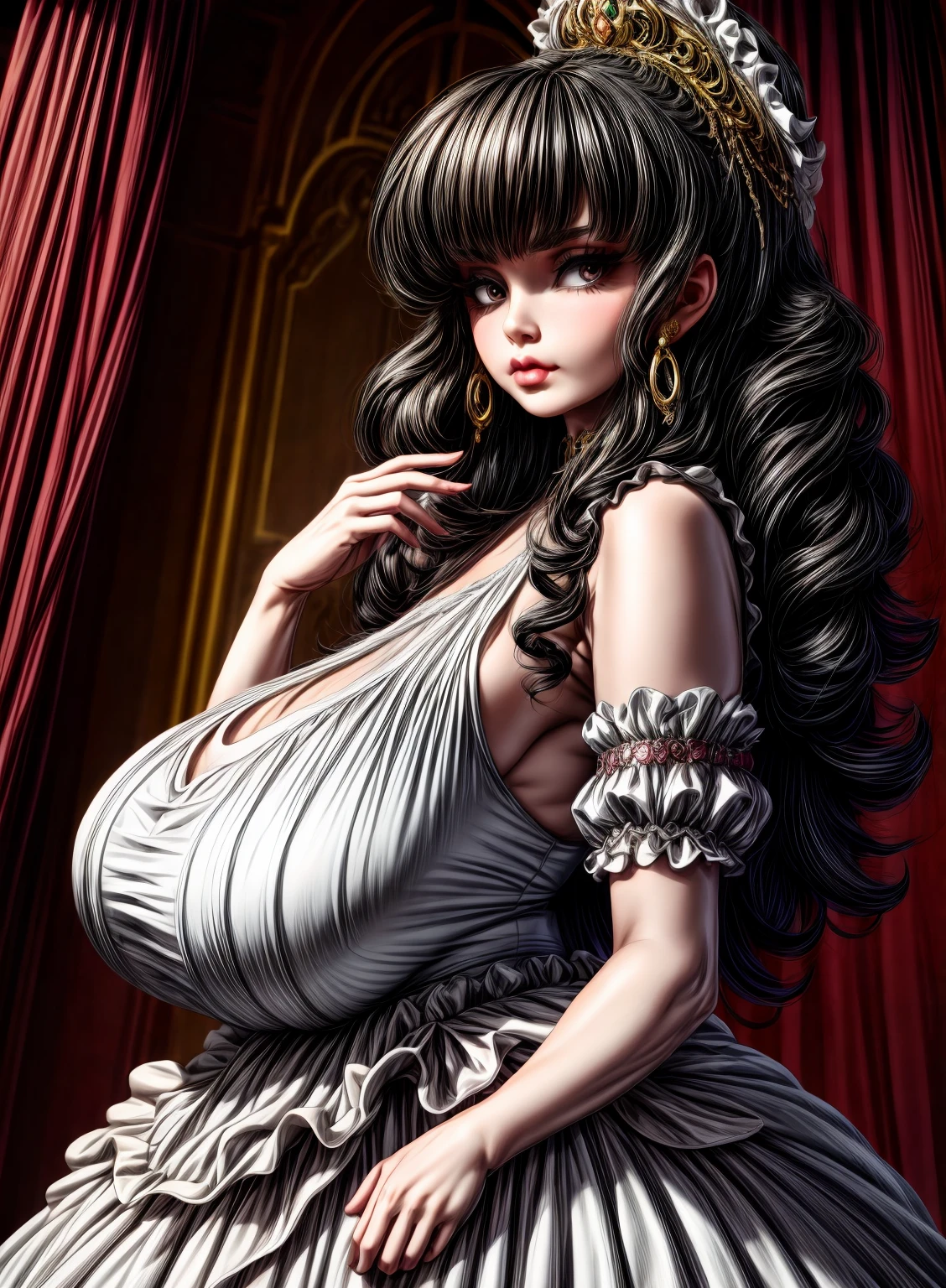 Irish woman, milf, mature, curly hair,black hair, high cheekbones, glossy lipstick, pouting, pouting lips, white pale skin, tall, curvaceous, small waist, big hips, hip dips, large breasts, big breasts, sagging breasts, looking at viewer, Best quality, 8k, Masterpiece, realistic, photorealistic, (gigantic breasts:1.2),wearing beautiful embroidery and jeweled ruffled gorgeous princess ballgown with voluminous full length hoop skirt,
princess in a beautiful embroidery and jeweled rococo princess ballgown with voluminous full length hoop skirt,super detailed gorgeous princess ballgown with voluminous full length hoop skirt,jeweled Gorgeous rococo princess ballgown with long train,jeweled Gorgeous rococo princess ballgown with long train,gorgeous rococo princess ballgown with beautiful embroidery and jeweled, detailed eyes, brown eyes,