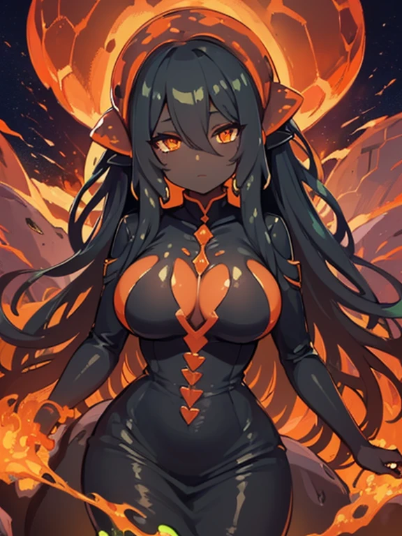 (((High quality))),(((Very detailed))),(((Slime Woman))),(((Black Skin))),(((Lava Hair))),( ((Orange eyes))),(Curvy body),(((Beautiful dress))),(((Ultra HD)))