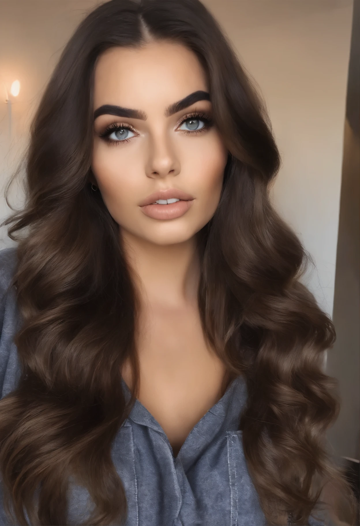 mulher branca brasileira de 20 anos,  Menina sexy com olhos castanhos, Retrato de Sophie Mudd, cabelos pretos e olhos grandes, selfie de uma jovem, olhos do quarto, Violeta Myers, sem maquiagem, maquiagem natural, looking directly at the camera, cara com artgram, maquiagem sutil, foto impressionante de corpo inteiro, in a messy student room, decote de peitos grandes