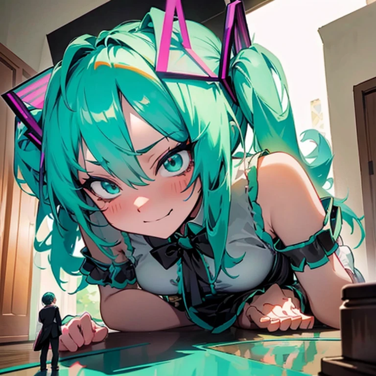 Masterpiece, Hatsune Miku, giantess, looming over tiny guy, indoors, glaring, smirk, intimidating, dominant, femdom, looking down on tiny guy, about to sit on tiny guy, perspective of the tiny guy