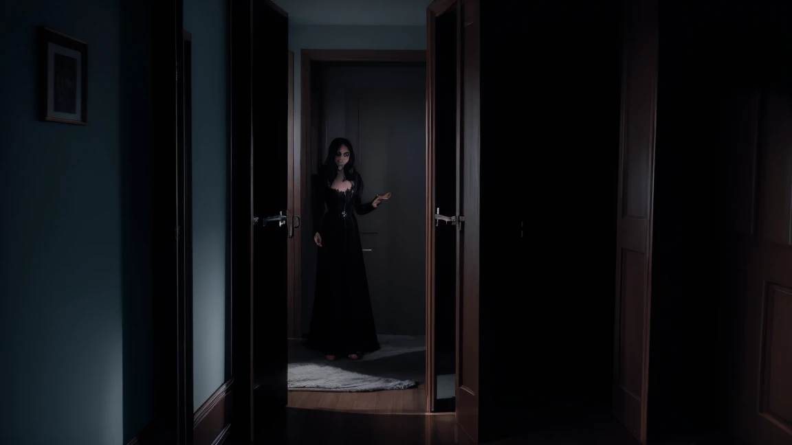 a scary possessed lady standing at the door of a big dark bedroom
