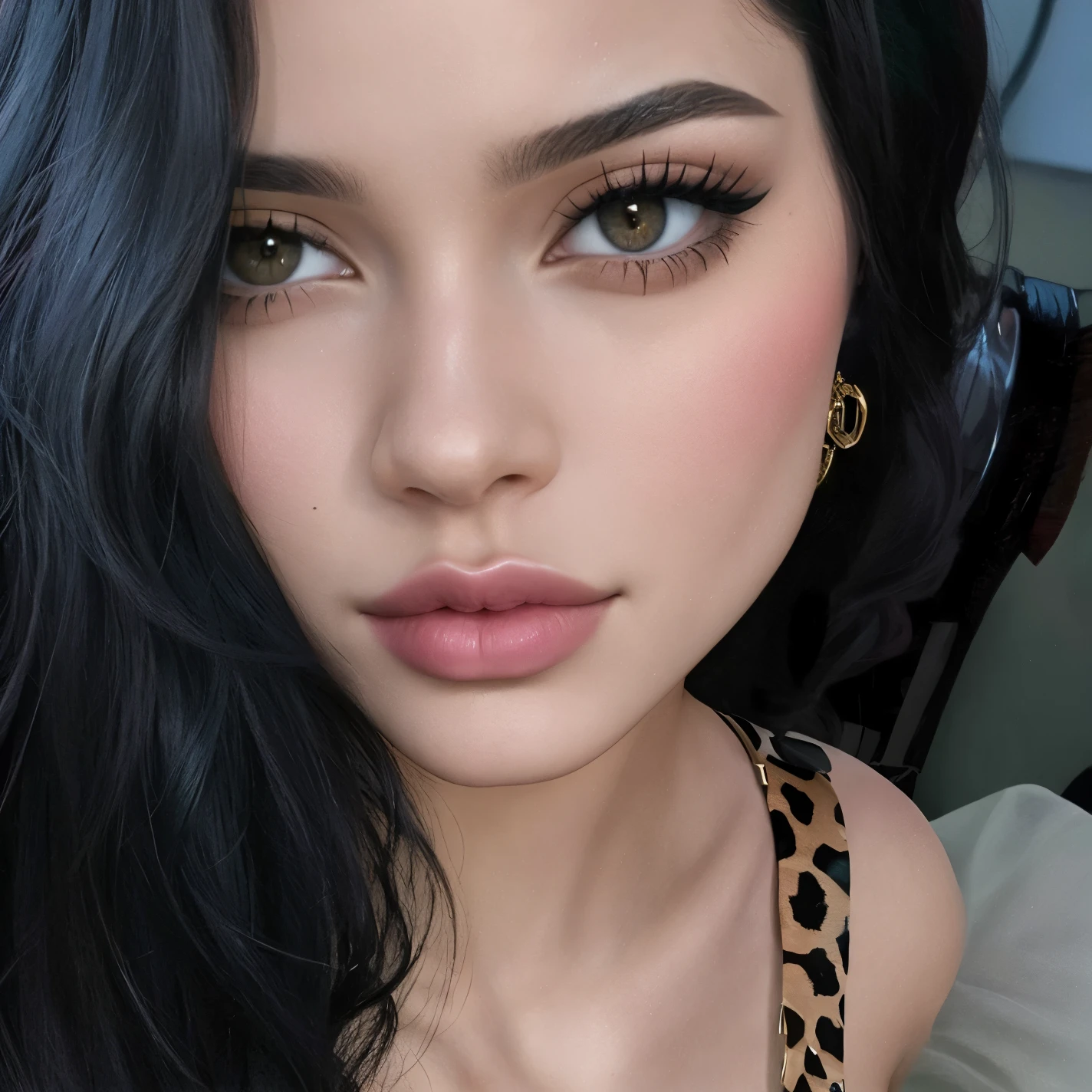 um close de uma mulher com longos cabelos pretos e uma blusa com estampa de leopardo, Kylie Jenner, flawless face, Kendall Jenner, Fleshy lips, rosto sexy, beicinho, with very labios finos, labios finos, sensual lips :5 elegante, Kylie Jenner as catwoman, light pink thin lips, thin pursed lips, cabelo preto e olhos grandes, rosto sexy with full makeup