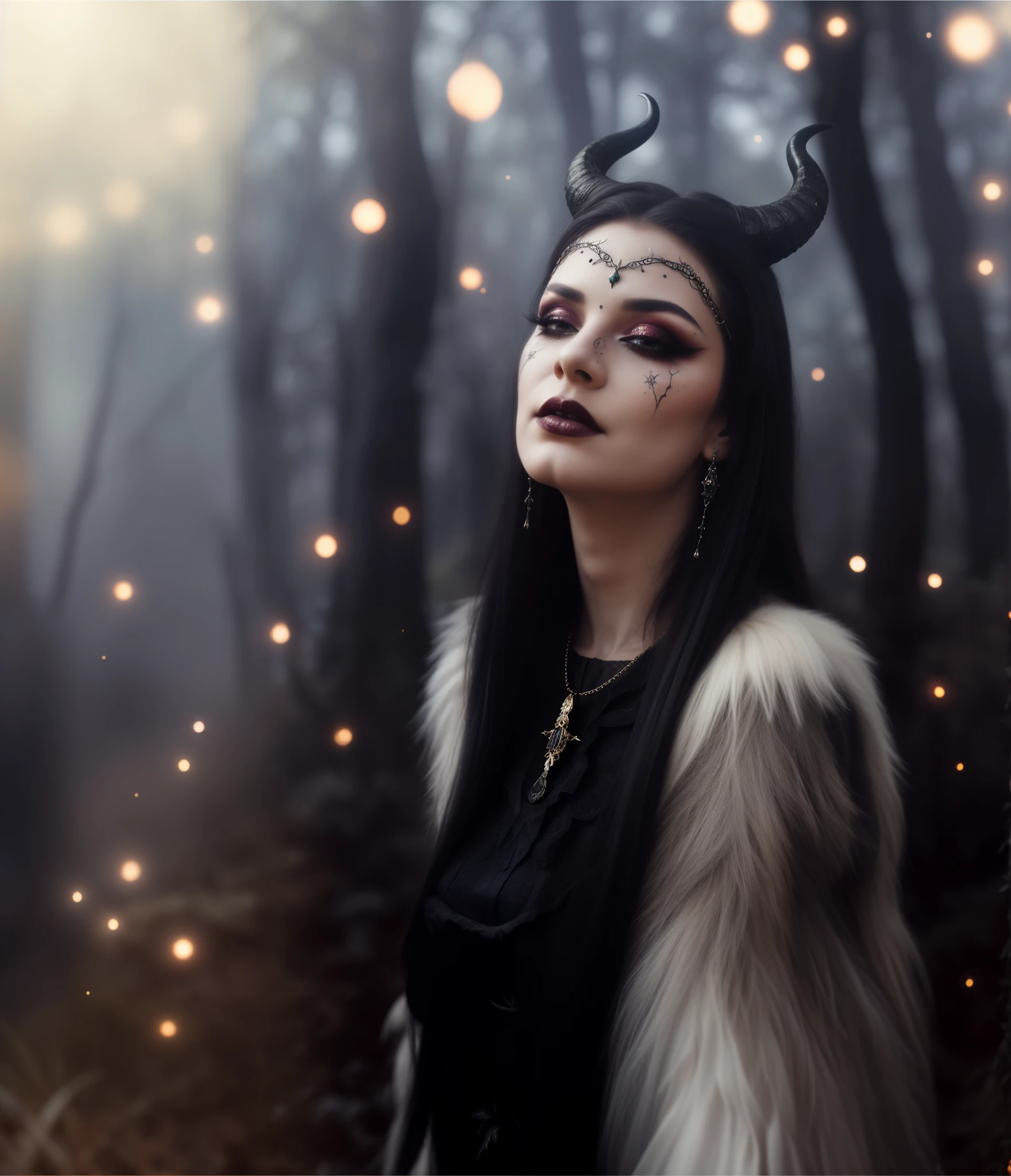 a woman with horns and makeup stands in the forest, beautiful elegant demon queen, fantasy photoshoot, Gothic shaman maiden, Portrait of a dark fantasy nymph,(high detail), nail, high quality photography, photo, Mysterious Forest, definition 