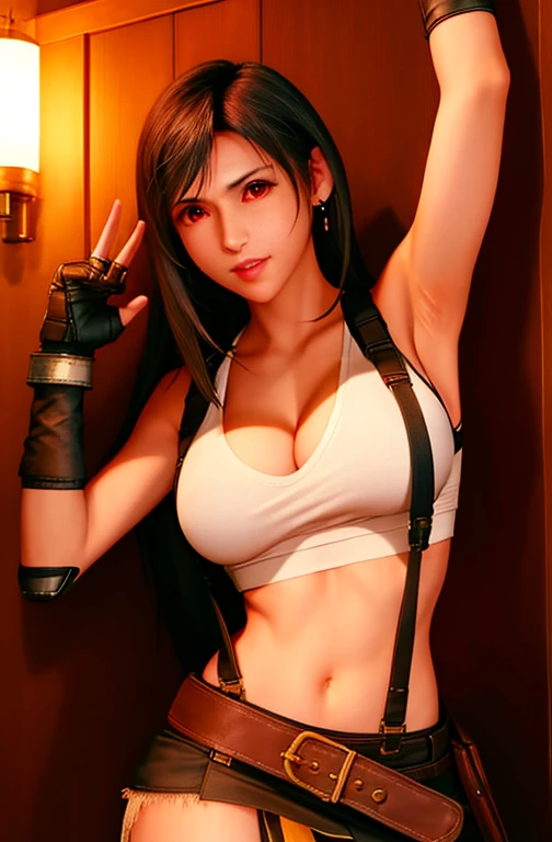 ff7r style,
tifa lockhart, 1girl, thick lips, arm up, armpits, artist name, belt, black hair, breasts, red eyes, cleavage, closed mouth, collarbone, cowboy shot, crop top, earrings, elbow gloves, elbow pads, gloves, jewelry, large breasts, lips, long hair, low-tied long hair, midriff, navel, indoors, skirt, smile, solo, stomach, suspenders, tank top, upper body, ((masterpiece)) , ((completely nude)), ((breasts and areolas exposed)), ((vagina and clitoris and vulva exposed)),