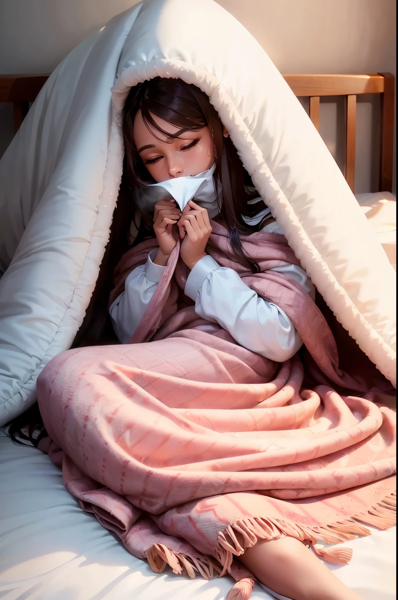generate a lady wearing with long brown hair sleep on bed full covered by blanket, ((sneeze)), masterpiece, best quality:1.2),(8k,highres,RAW photo,realistic,photo-realistic:1.3),(detailed skin texture,detailed cloth texture,beautiful detailed face:1.25),professional lighting,photon mapping,beautiful soft light,radiosity,physically-based rendering,model shoot style, model shoot style, (extremely detailed CG unity 8k wallpaper), full shot body photo of the most beautiful artwork in the world, complex 3d render ultra detailed, looking at viewer, 18 yo, real human skin, vibrant details, hyperrealistic, beautiful, octane render, an extremely delicate and beautiful, extremely detailed ,CG ,unity ,wallpaper,Amazing, finely detail,official art,extreme detailed eyes, (perfect face), shiny skin, colorful, highest detailed, vibrant colors, ultra high res, (high contrast), intricate, lens flare, (((eyes closed)))