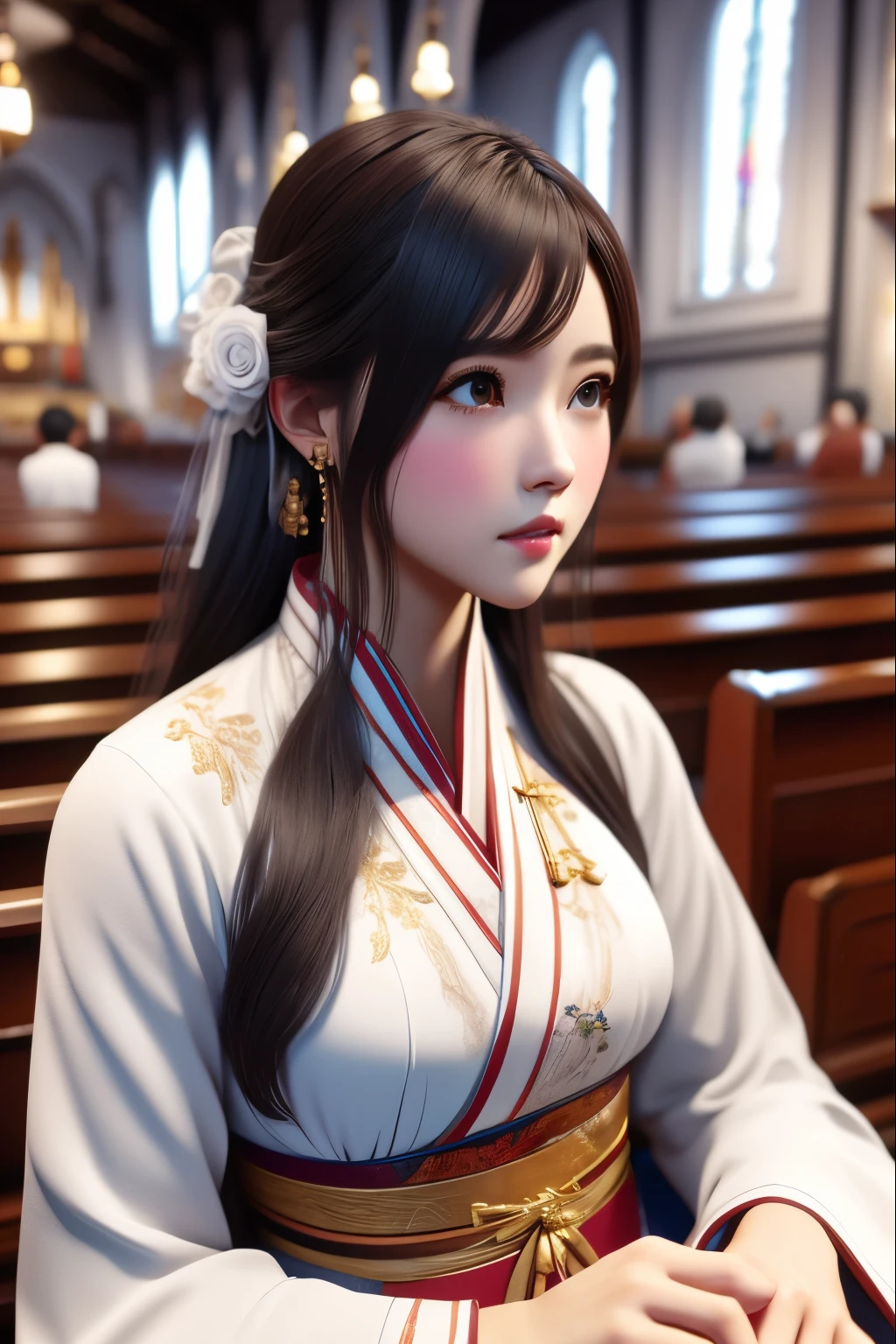 a woman in a white dress sitting in a church, a photorealistic painting, inspired by Sim Sa-jeong, trending on cg society, small character. unreal engine 5, detailed portrait of anime girl, palace , a girl in hanfu, beautiful and realistic faces