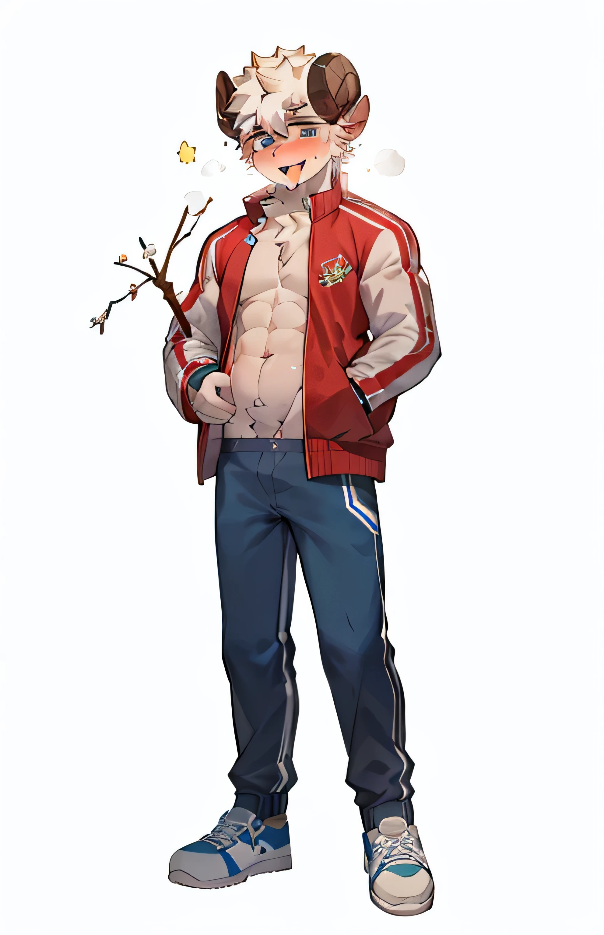 There are stars on the head,Wearing a baseball jacket,Have abdominal muscles,Sweat,sheep,sheep獸人,Handsome,ager,stick out your tongue