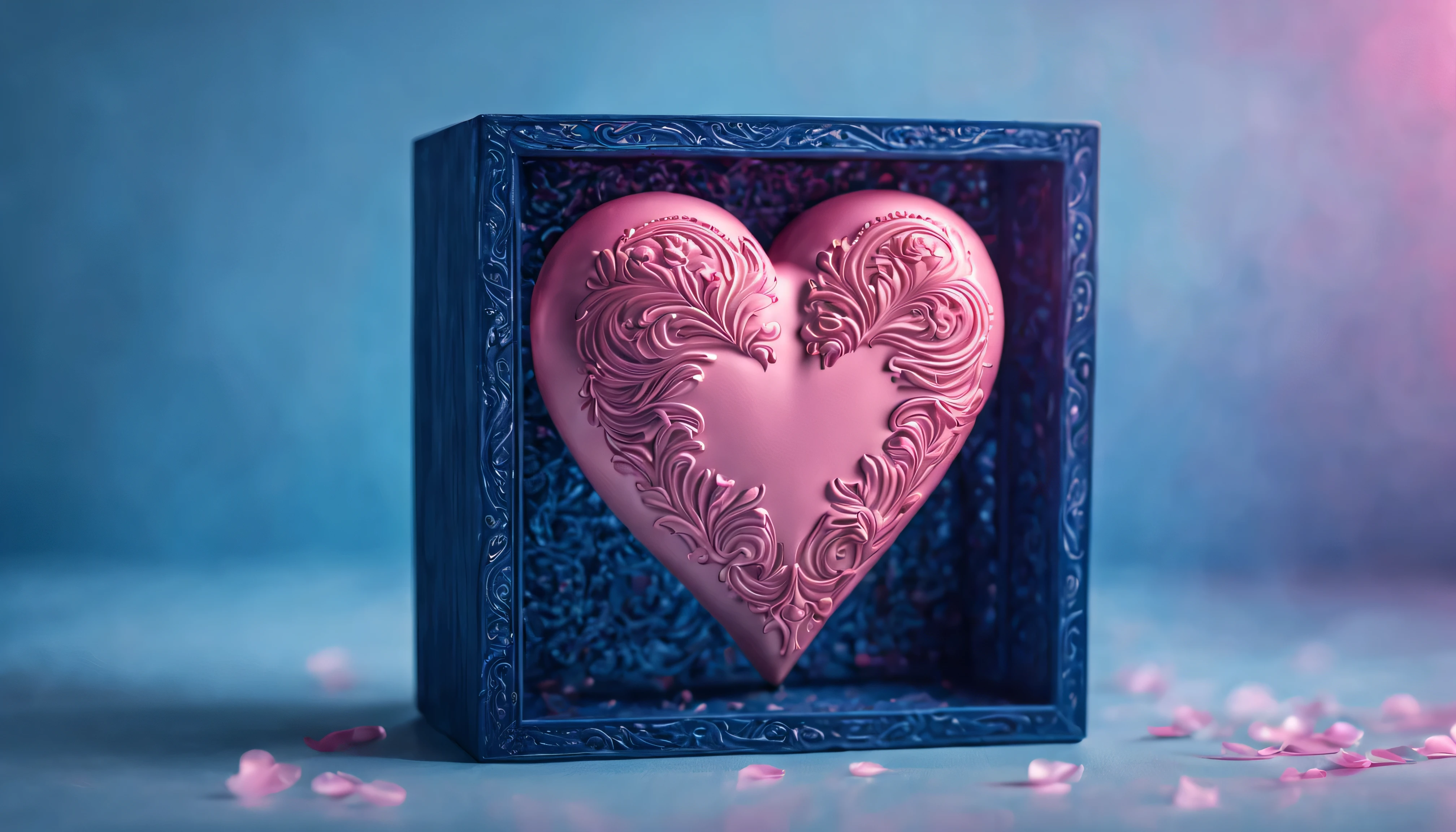 raw photo,beautiful symmetrical pink heart on a clean blue background (((lies in a carved magical "cutie"))),and magic sparks fly around the cutie,rubber pink heart on blue background. High image detail,Clear Focus, High Quality 8K,high contrast,