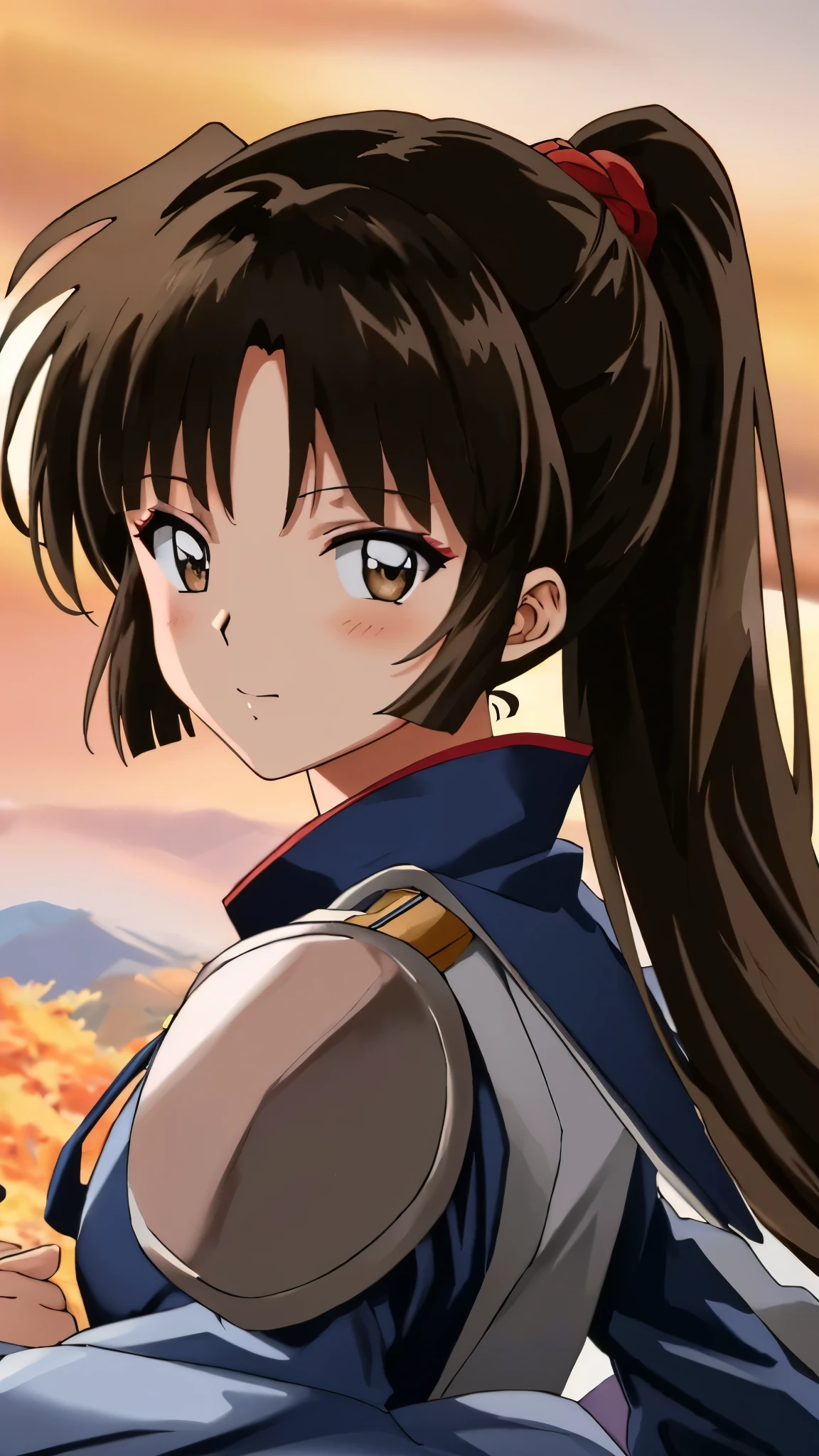 masterpiece, best quality,portrait,sango, KizukiAi, brown hair, brown eyes, high ponytail, long hair, medium breasts, bodysuit, pauldrons, armor, (looking at viewer:1.3) ((Anime Screenshot, 2000s anime)), eyeshadow, night, adjusting_hair, anime_coloring, close-up, closed_mouth, hand_in_own_hair, (((Japanese village background:1.2)))