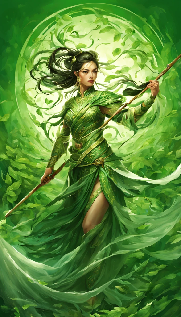 (A Full body Illustration:1.5), high definition|quality|contrast. Magic Fantasy art. a Chinese warrior woman wielding a spear, traditional dress in shades of green, a fenix tattoo on the right leg, in a battle pose, swirl of leaves around. her body emanates an energy of peace and strength that emits white and green colors of peace and strength.This energy that radiates around her protects her against an evil spirit.