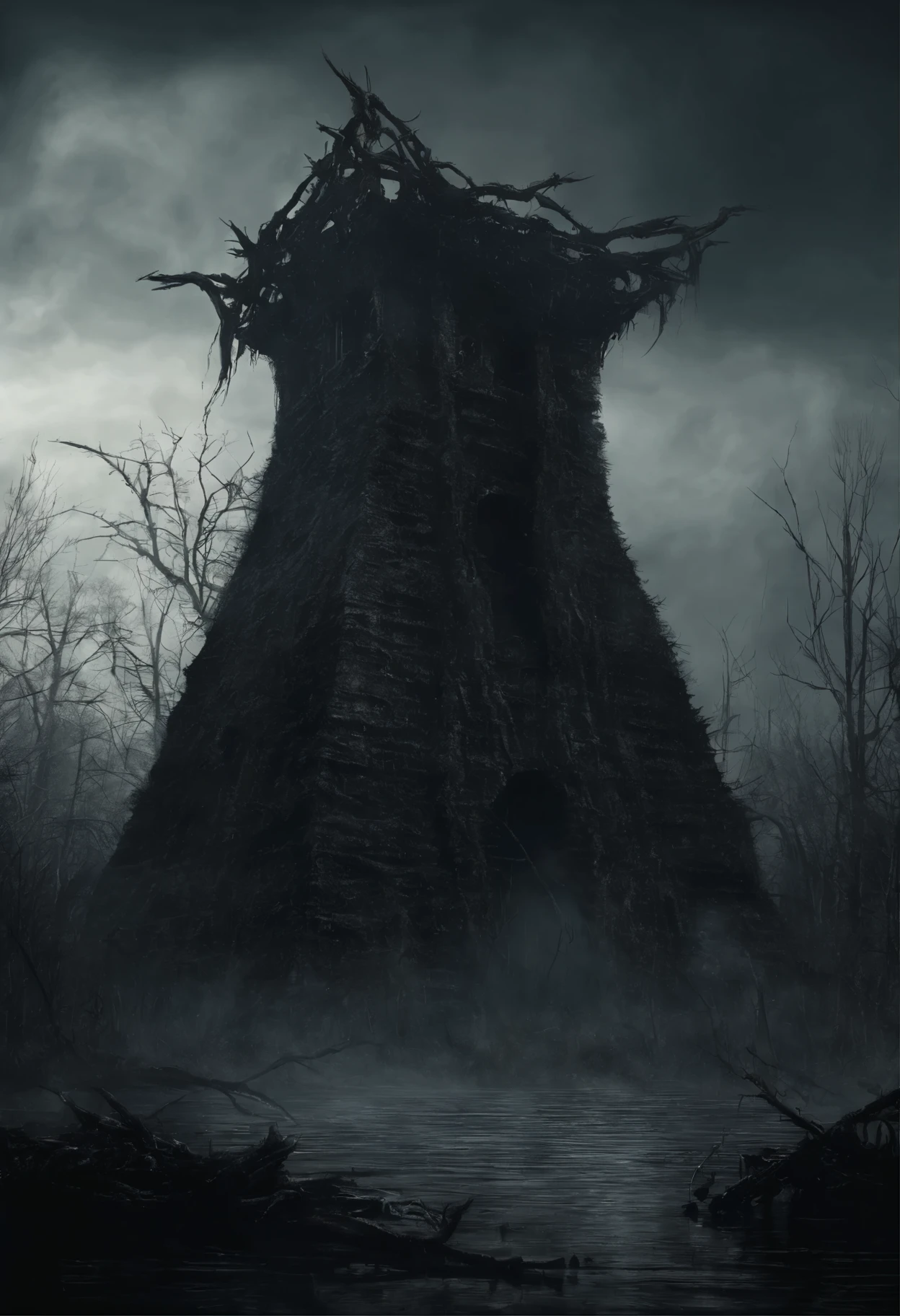 a black disembodied spirit flies over a swampy forest, the ruins of an ancient watchtower in the background, (Best Quality, 16K, Masterpiece, UHD:1.3, Huge detail, hyper realistic, epic scale, insane level of details)