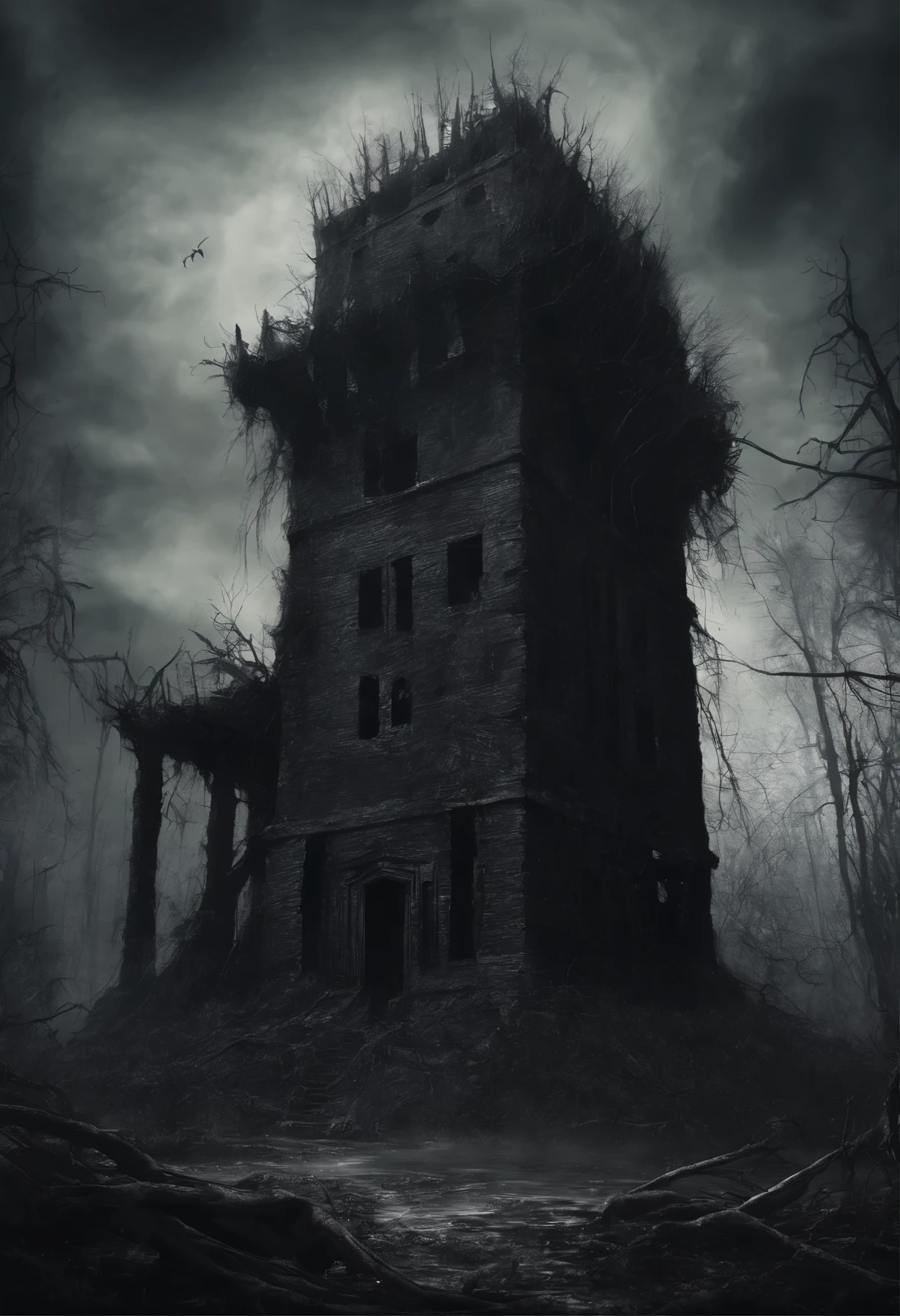 a black disembodied spirit flies over a swampy forest, the ruins of an ancient watchtower in the background, (Best Quality, 16K, Masterpiece, UHD:1.3, Huge detail, hyper realistic, epic scale, insane level of details)