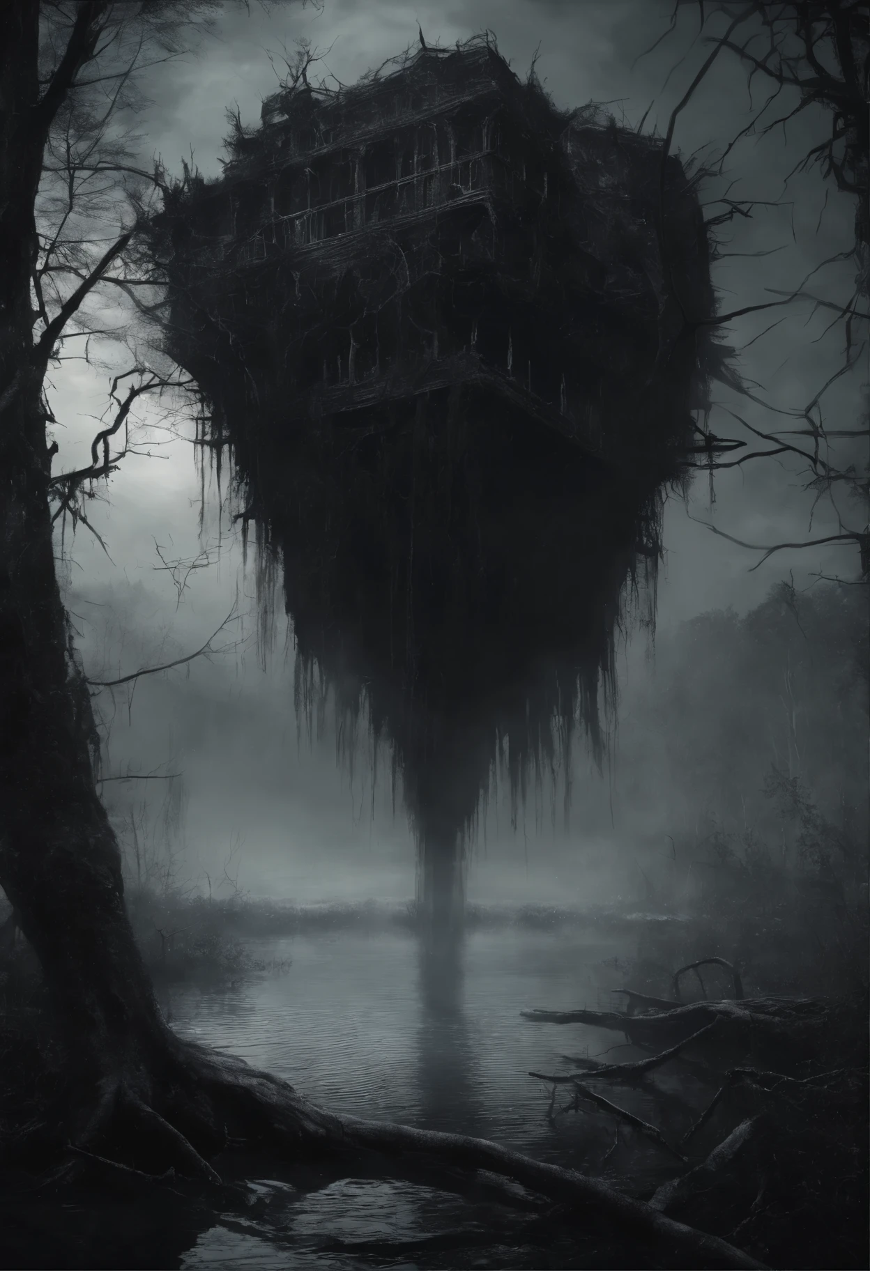 (((a black disembodied spirit flies over a swampy forest))), the ruins of an ancient watchtower in the background, (Best Quality, 16K, Masterpiece, UHD:1.3, Huge detail, hyper realistic, epic scale, insane level of details)