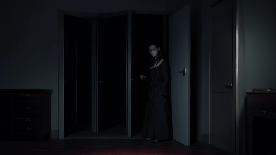 a scary possessed lady standing at the door of a dark bedroom