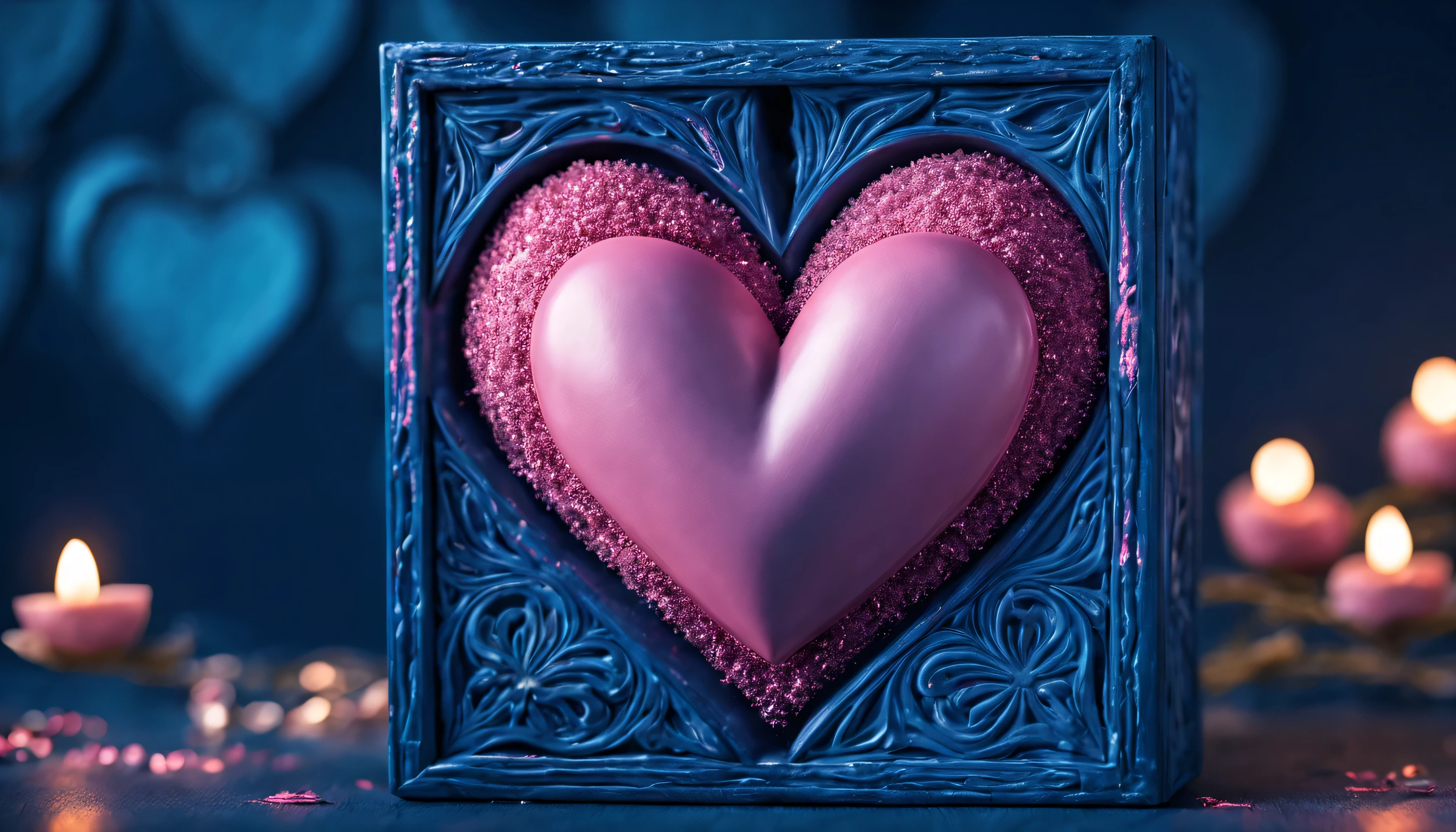 raw photo,beautiful symmetrical pink heart on a clean blue background (((lies in a carved magical "cutie"))),and magic sparks fly around the cutie,rubber pink heart on blue background. High image detail,Clear Focus, High Quality 8K,high contrast,