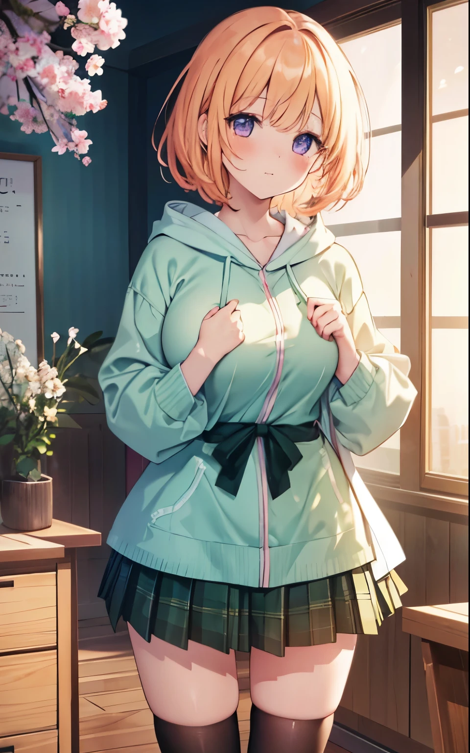 hide your hands, {{{one girl}}}, beautiful detailed girl, game CG, spring blossoms, 1 curl on the outside, short bob hair, pastel orange hair, purple eyes,おしゃれなアクセサリーsolo, breast enhancement, medium shoot, woman, Take-out, laughter, big breasts,,pastel green plaid mini skirt,Black knee-high, {{{{{wearing a pastel green hoodie}}}}},open your mouth, Daytime Classroom, wonderful, beautiful and fine eyes, highest quality, super delicate,Masseter muscle part,highest quality,(official art、highest quality、Unity 8k wallpaper、32K、masterpiece、super detailed、Super high resolution、realistic、Photoreal:1.2)、(cinematic lighting:1.2)、fire glow effect、The grainiest shadow of the film、side light、side shot、(super detailedで複雑な3Dレンダリング)、Atelier Series,blushed、和服のlingerie、Japanese dress、solo、lingerie、Naked。