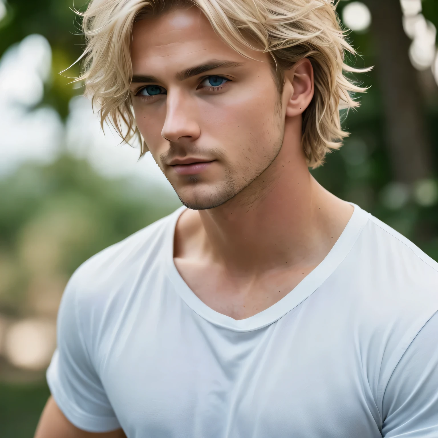 photo of a stunning handsome man, Blue eyes, short, disheveled, Blonde hair, hair flipping, Close-up, enlarged in a narrow frame, portrait, In a Hawaiian shirt, (photorealistic:1.2) (hips:1.2) (Best quality) (Color correction) (detailed skin:1.3) (difficult) (8K) (HDR) (cinematic lighting:1.3) (sharp focus), Wild hair, looks at the camera, smiling, slight smile