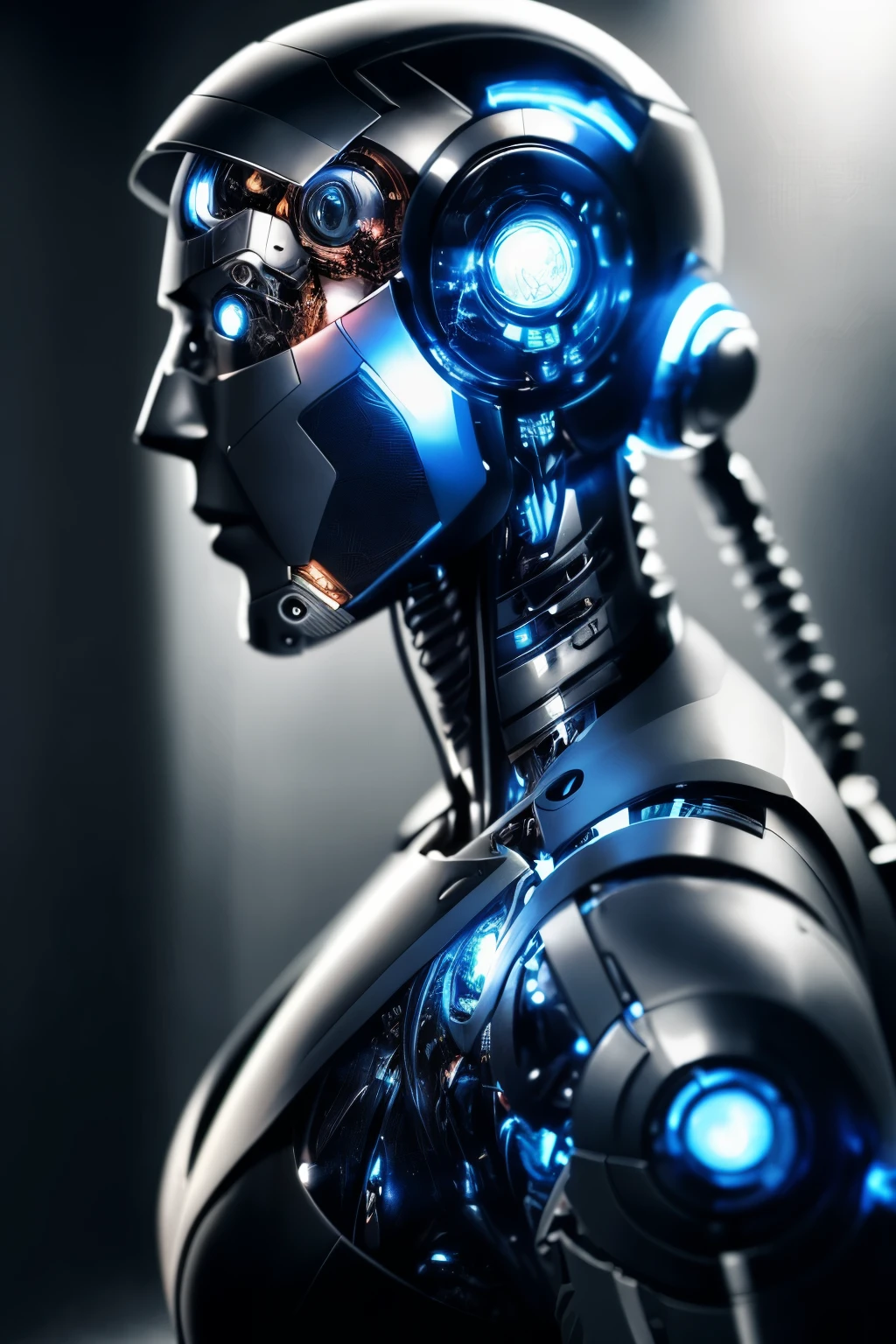 Limda mulher com (human head wearing black suit | cyborg head wearing black suit:1.2), parte superior do corpo, HDR , cinematic lighting