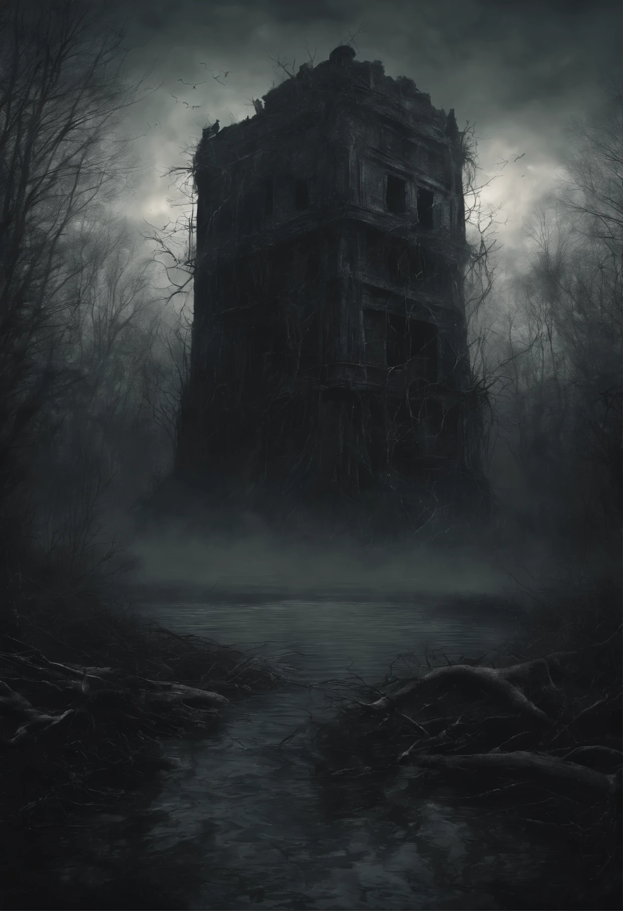 (((a dark disembodied spirit flies over a swampy forest))), the ruins of an ancient watchtower in the background, (Best Quality, 16K, Masterpiece, UHD:1.3, Huge detail, hyper realistic, epic scale, insane level of details)