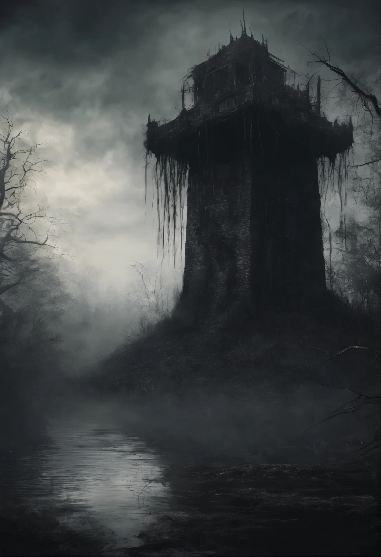 (((a dark disembodied spirit flies over a swampy forest))), the ruins of an ancient watchtower in the background, (Best Quality, 16K, Masterpiece, UHD:1.3, Huge detail, hyper realistic, epic scale, insane level of details)