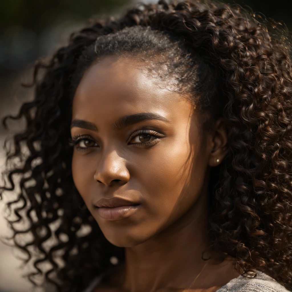 cinematic raw portrait photo of a beautiful 25 years old nigerian ebony woman, endless long (extra long curly black hair), Award - winning photograph, Masterpiece, 8k, ultra high res, hyper detailed, beautiful black woman, perfect face, rule of thirds, Perfect eyes, Perfect iris, perfect pupils, (perfectly round iris:1.3), Perfect full lips, Perfect teeth, dimples, perfect turnup nose, highly detailed hair, ((detailed face)), ((detailed facial features)), (finely detailed skin), brown skin, realistic skin texture, extreme skin details, (pores:0.1),(sweaty:0.8), insane details, intricate details, amazing fine detail, photorealistic, photograph, photorealism, rich colors, lifelike texture, neutral colors, Soft front light,cinematic lighting, dramatic lighting,dappled light on face, backlight on hair, sharp focus, wide angle, film grain, dslr, raw photo, photographed on Nikon