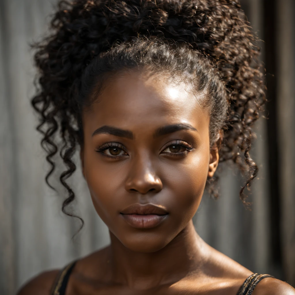 cinematic raw portrait photo of a beautiful 25 years old nigerian ebony woman, endless long (extra long curly black hair), Award - winning photograph, Masterpiece, 8k, ultra high res, hyper detailed, beautiful black woman, perfect face, rule of thirds, Perfect eyes, Perfect iris, perfect pupils, (perfectly round iris:1.3), Perfect full lips, Perfect teeth, dimples, perfect turnup nose, highly detailed hair, ((detailed face)), ((detailed facial features)), (finely detailed skin), brown skin, realistic skin texture, extreme skin details, (pores:0.1),(sweaty:0.8), insane details, intricate details, amazing fine detail, photorealistic, photograph, photorealism, rich colors, lifelike texture, neutral colors, Soft front light,cinematic lighting, dramatic lighting,dappled light on face, backlight on hair, sharp focus, wide angle, film grain, dslr, raw photo, photographed on Nikon