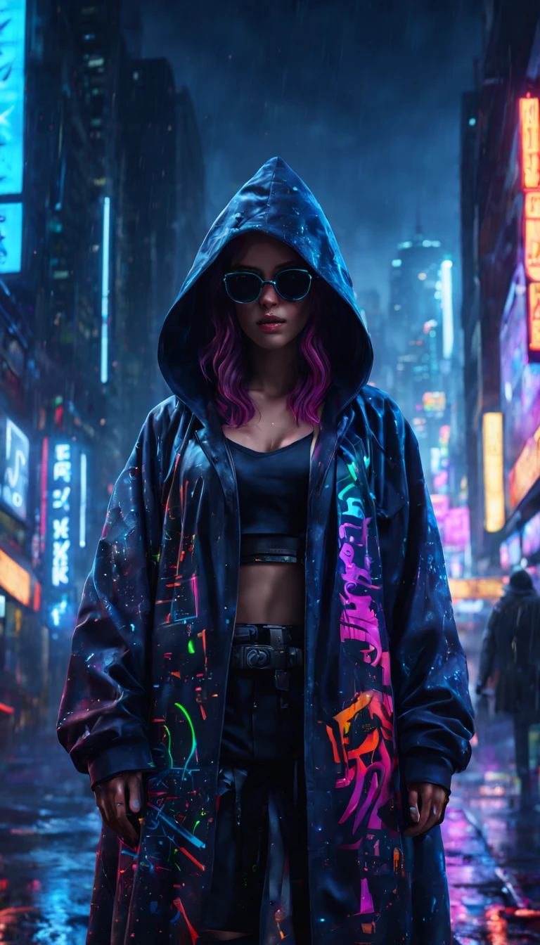 cyberpunk city hacker :: Neon Graffiti, Augmented reality glasses, hooded cloak :: Rainy night :: Epic cinematic brilliant stunning intricate detailsed matte painting, Deep colors, Fantastic, intricate details, splash screen, complementary color, Fantasy concept art, 8K resolution trends in Artstation Unreal Engine 5