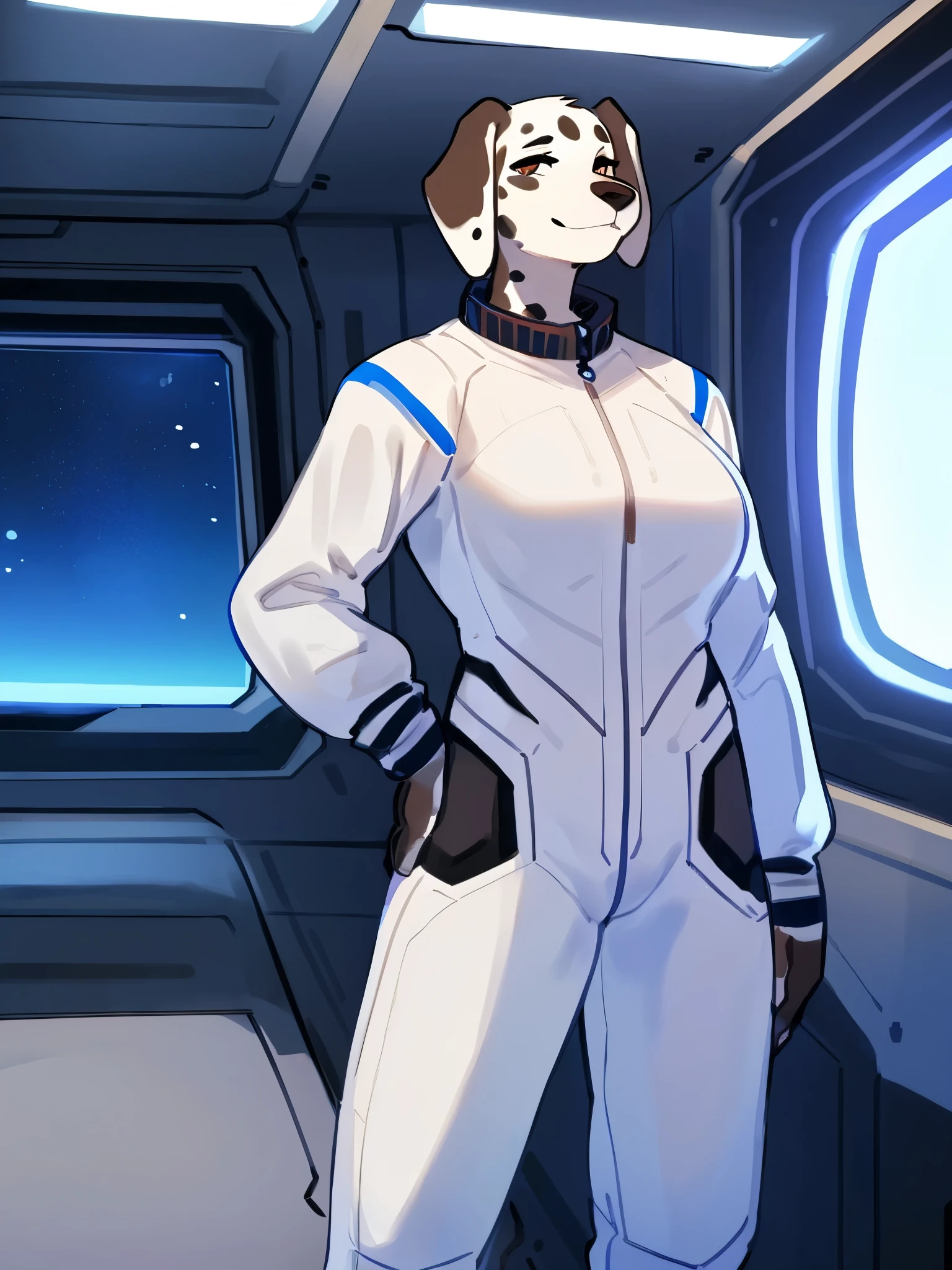 By kurohime, by sleepiness18, by bebebebebe, by buta99, by hyucaze, by gooniesan, by cjfur, solo, female, canine, snout, long snout, grey fur, brown hair, short hair, hair covering eyes, white spacesuit, spaceship, space, window, standing, cameltoe