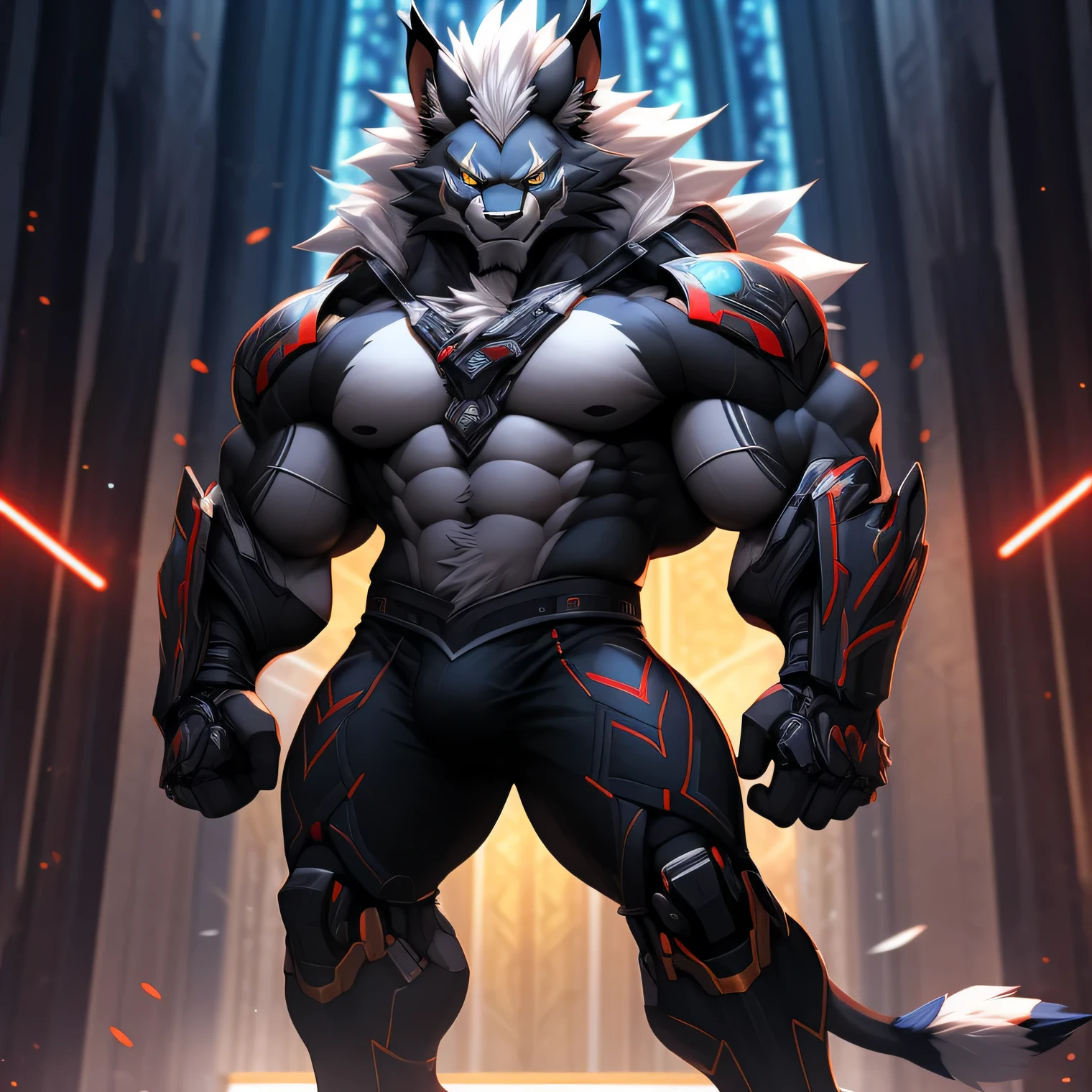 Inquisitor. Black clothes, Cyberpunk armor. MALE. Evil smile. Gloomy portrait of Evil Red Hood from DC with intricate angular cybernetic implants inside a brutalist building, gothic brutalist cathedral, cyberpunk, PRO competitive bodybuilder, nj5furry, (Jet Black fur, Leomon, massive, huge, muscular), Dark Leomon, ((extremely realistic shadows, masterpiece, extremely detailed, photorealistic)), kemono, looking at the viewer, ((FRONT)), silver mane, Leomon, ((detailed face)) nose, Yellow eyes, SITH EYE'S ((detailed eyes)), jet black skin, jet black fur, white hair, height 3 meters high, the optimal height, 190 kg, body full of huge muscles; muscle and bulge pecs, ripped abs, V-shaped body, thick waist, long legs, strong arms manly, handsome face, attractive cool calm face type with a kindsmile, topless. award-winning photo, bokeh, neon lights, cybernetic limb. dark art.