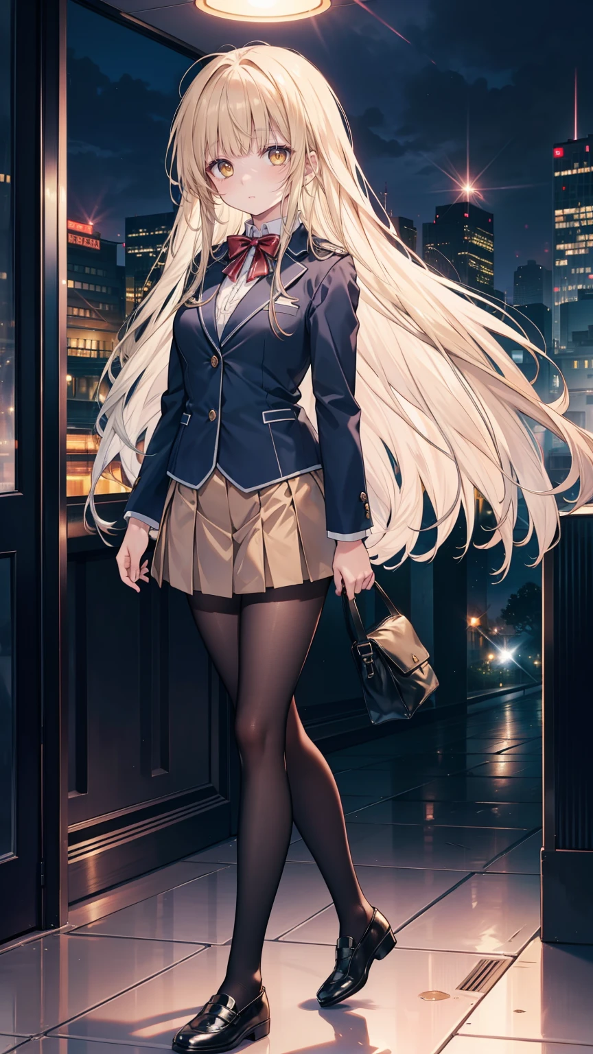 Midday Shiina, A good-looking girl (Long blonde hair with square bangs, big eyes, blush, perfect face), Wearing school uniform (Blue suit jacket with white shirt, red bow tie, brown miniskirt, black pantyhose, Brown shoes ), Stand alone (Night in a city), looking at camera, masterpiece, anime art style, cute characters, It is best to be detailed, high quality