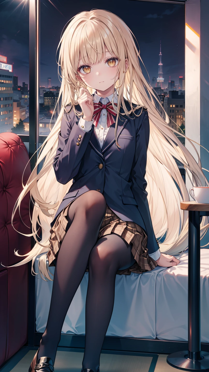 Midday Shiina, A good-looking girl (Long blonde hair with square bangs, big eyes, blush, perfect face), Wearing school uniform (Blue suit jacket with white shirt, red bow tie, brown miniskirt, black pantyhose, Brown shoes ), Stand alone (Night in a city), looking at camera, masterpiece, anime art style, cute characters, It is best to be detailed, high quality