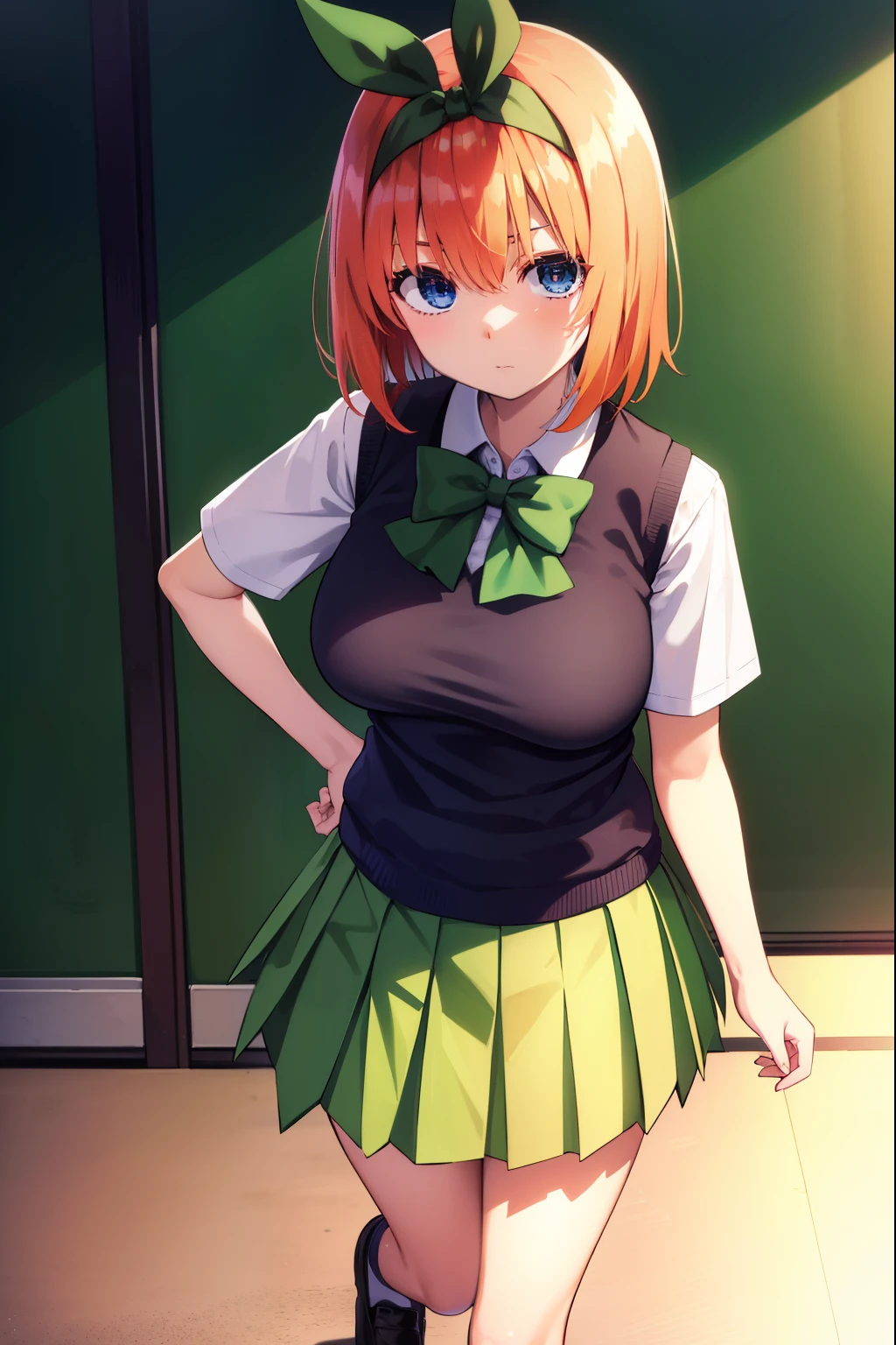 yotsubanakano, Nakano Yotsuba, bangs, short hair, blue eyes, hair between eyes, hair ribbon, hair band, orange hair, green ribbon, break skirt, shirt, bow, ribbon, school uniform, white shirt, short sleeve, pleated skirt, shoes, shoes下, collared shirt, mini skirt, bowtie, 黒いshoes, knee high, green skirt, black shoes下, loafers, green bow, sweater vest, green ribbon,, break indoors, classroom, break looking at viewer, break (masterpiece:1.2), highest quality, High resolution, unity 8k wallpaper, (figure:0.8), (beautiful and fine eyes:1.6), highly detailed face, perfect lighting, Very detailed CG, (perfect hands, perfect anatomy),