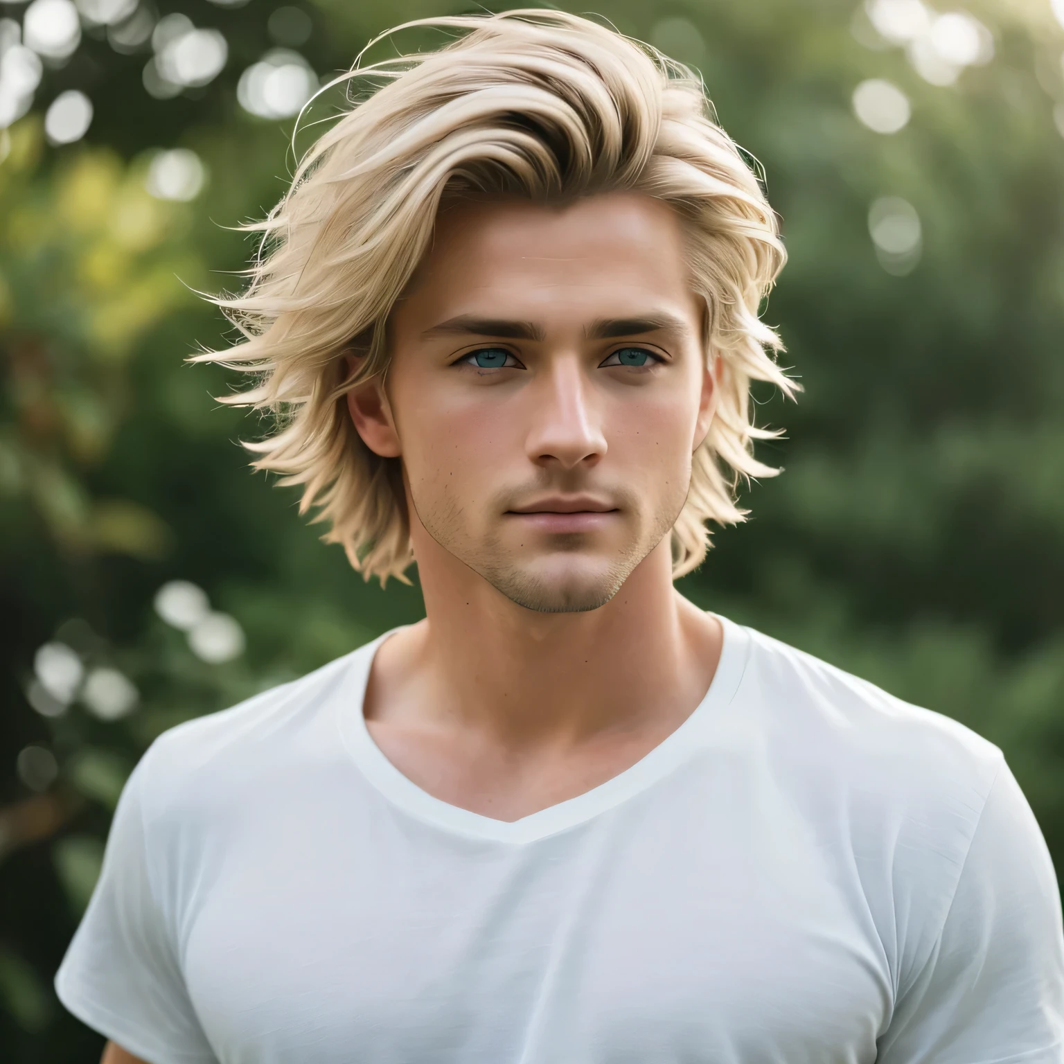 photo of a stunning handsome man, Blue eyes, short, disheveled, blonde hair, hair flipping, Close-up, enlarged in a narrow frame, full height, White T-shirt, (photorealistic:1.2) (Hips:1.2) (Best quality) (color correction) (Detailed skin:1.3) (difficult) (8K) (HDR) (cinematic lighting:1.3) (Sharp Focus), wild hair, looks at the camera, Doyagao