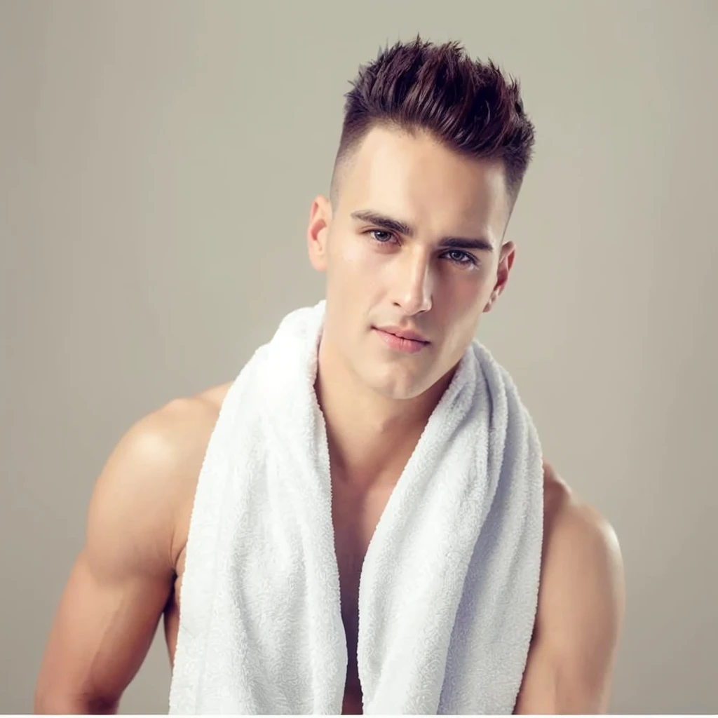 arafed man with a towel wrapped around his neck, clean shaven wide face, wearing a towel, well-groomed model, clean shaven face, short on sides, redahair and attractive features, young man with beautiful face, young man with short, handsome and attractive, attractive male, strong masculine features, handsome attractive face, handsome young man face
