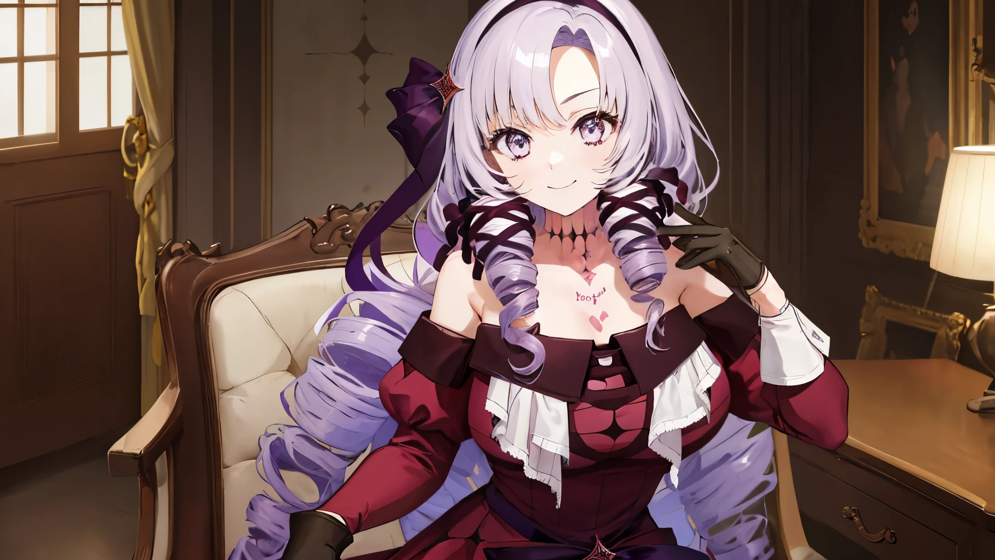 masterpiece, highest quality, 8K, ultra high resolution, highest quality, anime style, best writing, beautiful face, Hyakumantenbara Salome, (1 girl:1.3), gloves, long sleeve, Alternative Breast Sizes, purple hair, purple eyes, chest tattoo, red dress, choker, ribbon, smile, black gloves, drill hair, off shoulder, cleavage, hair ribbon, off-shoulder dress, 1 girl, alone, bare shoulders, dress, huge breasts, tattoo, clavicle, long hair, hair band, mansion room background, sit on antique furniture, (Touching bangs:1.3), Touching the hair