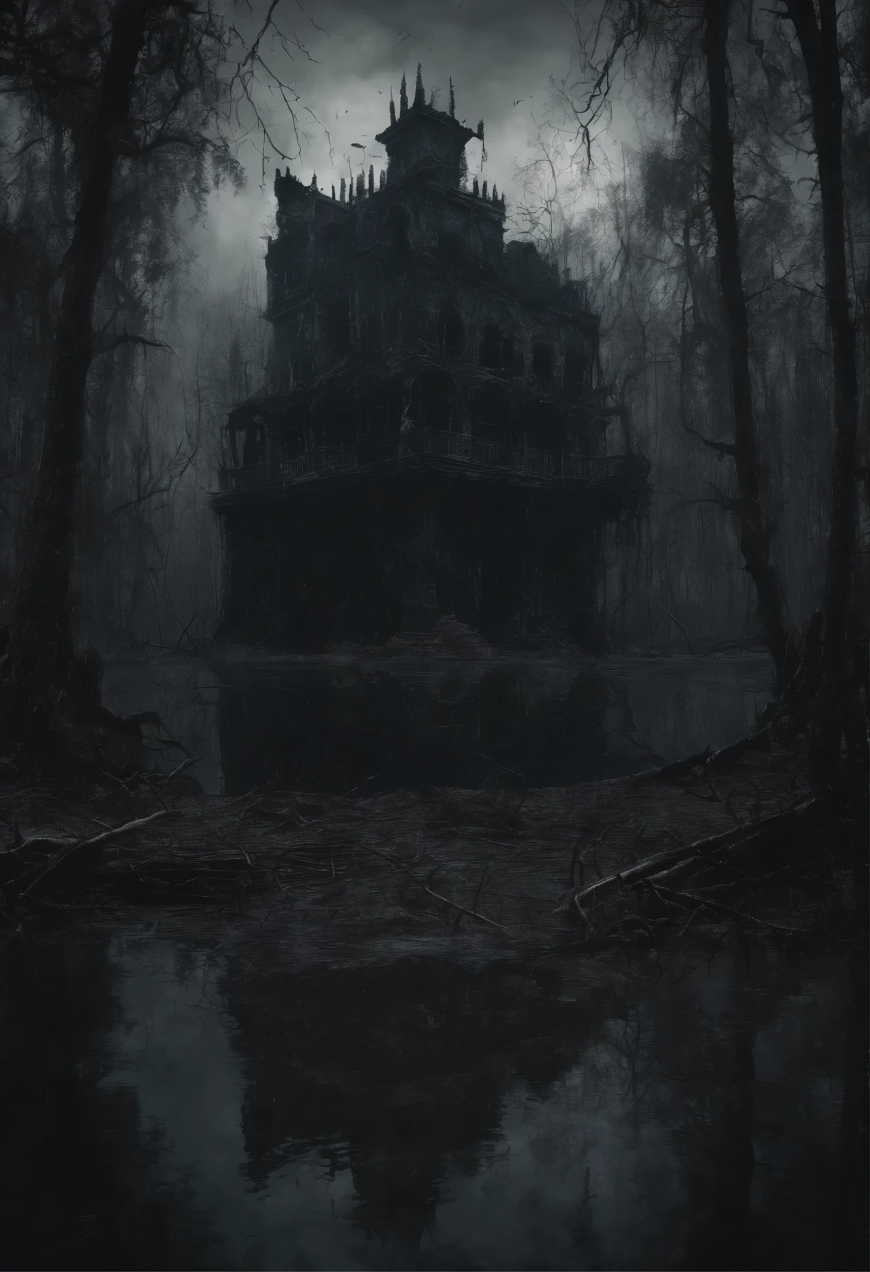 ((a dark spirit flies over a swampy forest):1.5), the ruins of an ancient watchtower in the background, (Best Quality, 16K, Masterpiece, UHD:1.3, Huge detail, hyper realistic, epic scale, insane level of details)