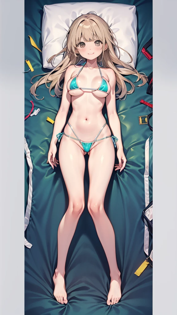 1 girl, the best, masterpiece, HD, (whole body), Symmetrical, alone, (whole body from head to toe), ((moro liberation front)), Slingshot bikini, unrealistic, (( camel toe)), ((((translucent bikini)))), ((((translucent)))), ((((transparent)))), (((transparent clothing))), whole body视图, Gaze towards the camera, ((Isometric pillow diagram)), ((dakimakura)), (Lying in bed),Physically based rendering, beautiful women, Perfect body, Smile, bedroom, Giant breast, barefoot, toe