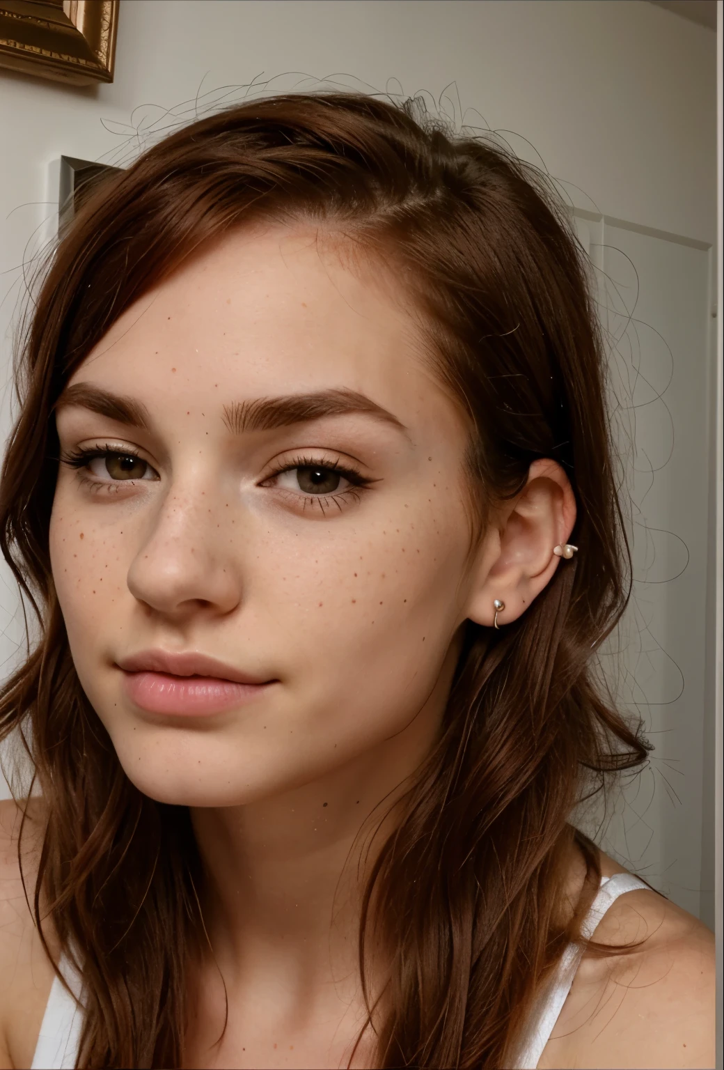a close up of a woman with a nose piercing and a nose ring, septum piercing, androgynous face, nose piercing, small nose with freckles, freckles on the nose, pointy nose, small freckles, small lips pointy nose, perfect detailed face, facial piercings, cute freckles, piercing stare, thin button nose, buetifull, red hair, hair parted to the side,