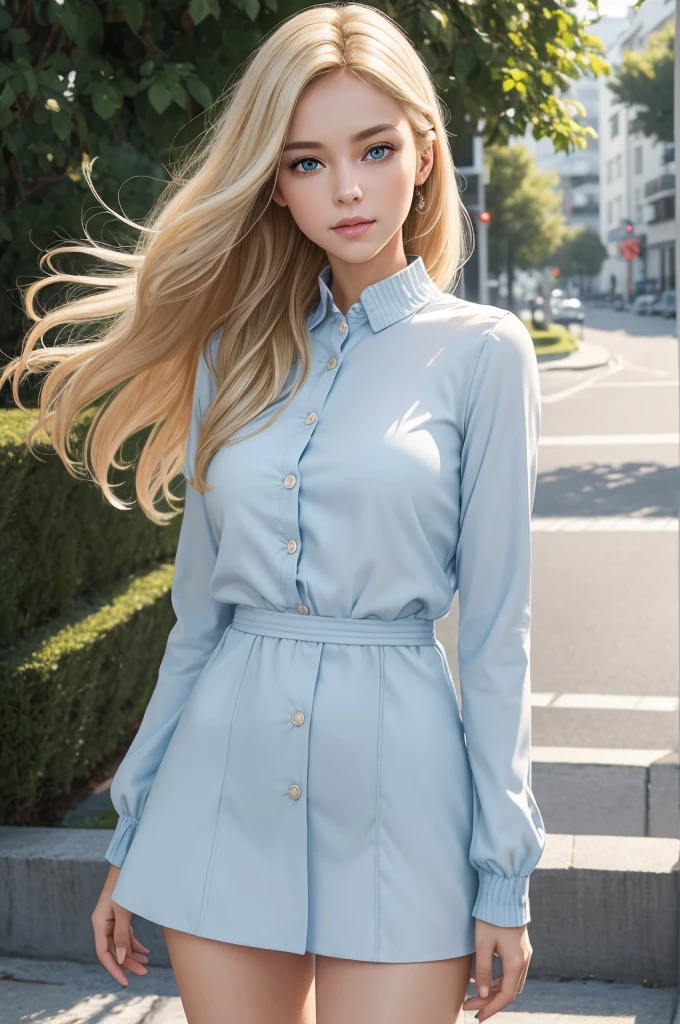 (best quality,4k,8k,highres,masterpiece:1.2),ultra-detailed,(realistic,photorealistic,photo-realistic:1.37) An everyday young woman. Her carefully styled, soft blond hair extends past her shoulders. Her eyes, a shade of light blue, reflect a lively intelligence and innate kindness. She wears a simple everyday outfit, with a small, subtle detail that sets her apart, showing her subtle sense of style. The slim and elegant, full-body figure is complemented by clothing that accentuates her natural beauty, reflecting her lovable personality and creative.