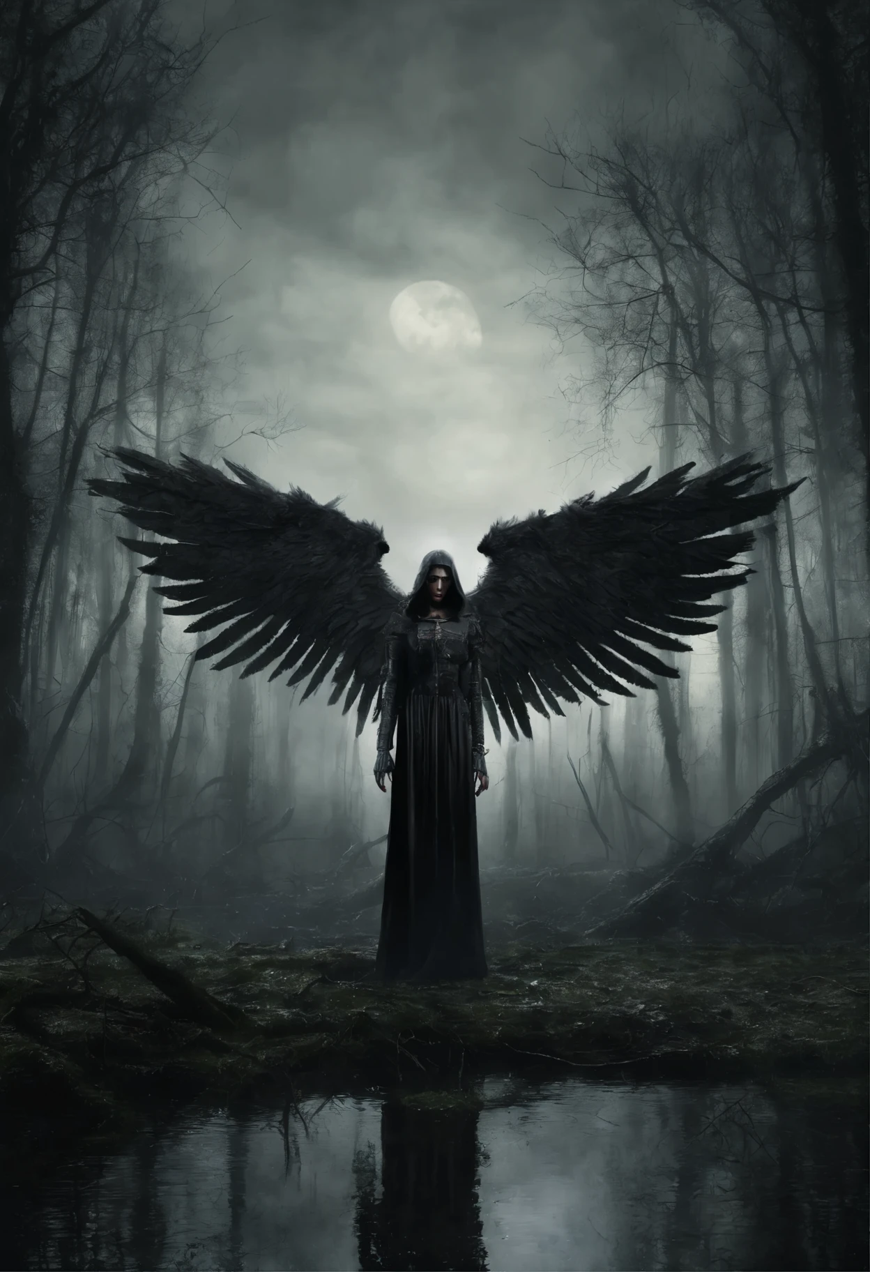 ((a dark angel flies over a swampy forest):1.5), the ruins of an ancient watchtower in the background, (Best Quality, 16K, Masterpiece, UHD:1.3, Huge detail, hyper realistic, epic scale, insane level of details)
