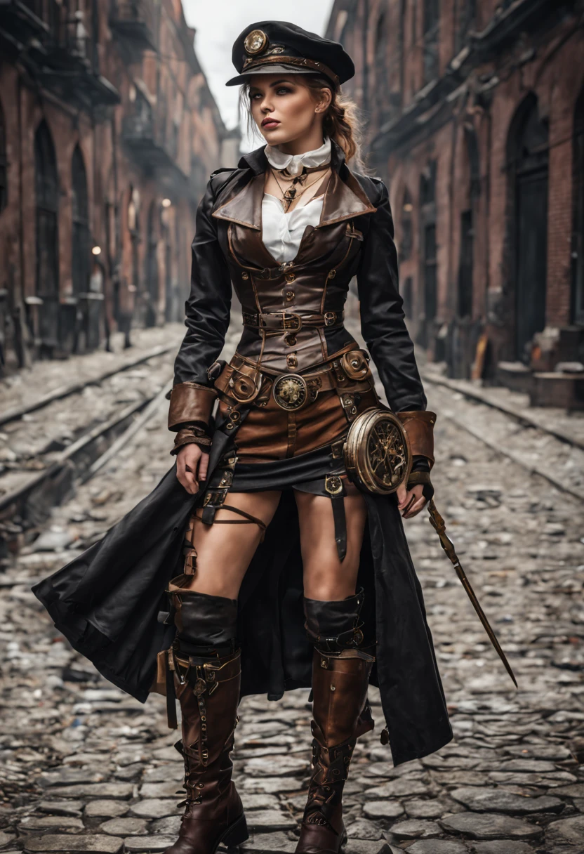 Ultra-realistic, 4k, professional photo, steampunk, 25 year old girl, HDR10, cinematic, full body, detailed face, medium body, steampunk clothers and gears, skirt with frayed edges, high military boots with belts and studs, a corset, a shirt with a neckline, a long black leather coat. a military cap with a visor and aviator goggles. A giant compass in hand, a map under his arm. at his belt various steampunk tools. his coat unbuttoned and flapping in the wind. Masterpiece, (lighting), (1solo), xix century city background, realistic background, realistic photo