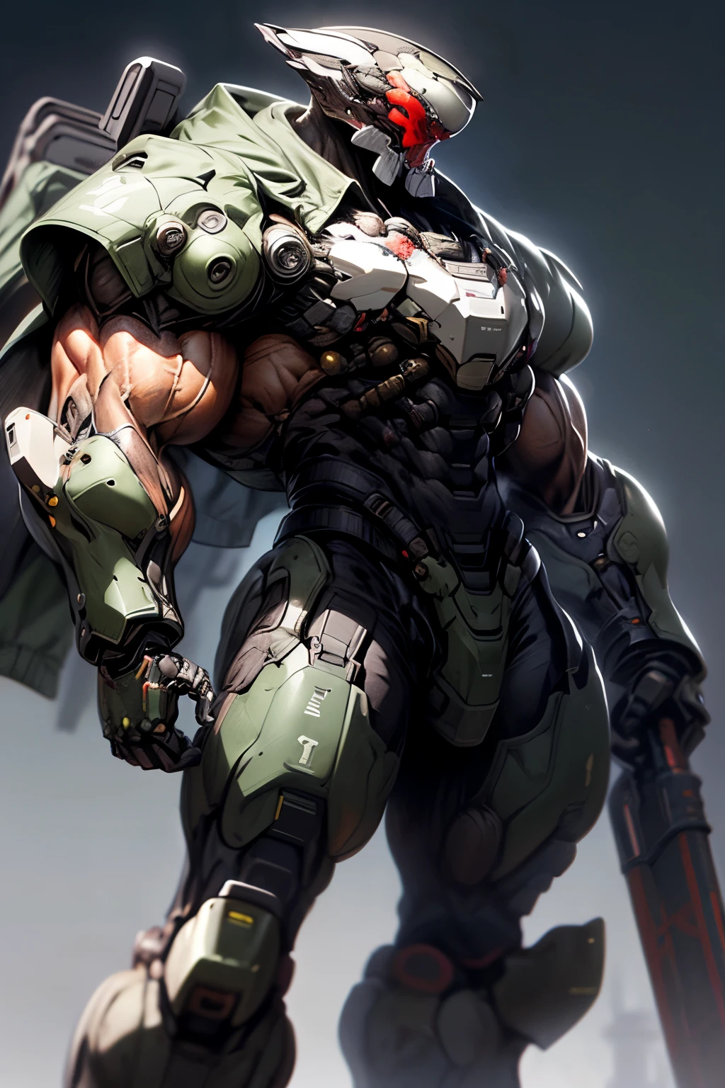 (((An epic and visually stunning digital anime obra de arte featuring a sylphlike masculine ((macho:1.5)) Soldado ciborgue dieselpunk militar decorado, vestido com um casaco militar de couro elegante, but tactical, blindado e decorado:1.2))), (((flat masculine macho chest:1.5, full mechanical helmet, capacete mecha com olhos estreitos laranja:1.5))), (((o personagem adornado em um (Sci-fi tactical armored waterproof jacket with open front and built-in exoskeleton:1.5) (sobre uma armadura moldada, mas super elegante e reveladora, com recortes na cintura:1.3), the armor is beautifully engraved:1.4))), A imagem mostra as complexidades da armadura e das roupas do personagem:1.5, ((capturing its whimsical essence and heavy mecha aesthetic:1.2)). The character also has an androgynous charm., (((with slender physique, mas fortemente musculoso:1.2, sylph-like with an elegant waist, toned cybernetic arms, mas lindamente elegantes:1.3, mechanical arms and legs:1.3, lock muscles:1.3))), olhando para o espectador, (((brass metal armor and brown leather, dieselpunk:1.3))), (((profundidade de campo, cinematic lighting, chromatic aberration, rastreamento de raio, Ultra HD, obra de arte, covered top of head, super detalhe, detalhes altos, alta qualidade, premiado, 8k, high resolution)))