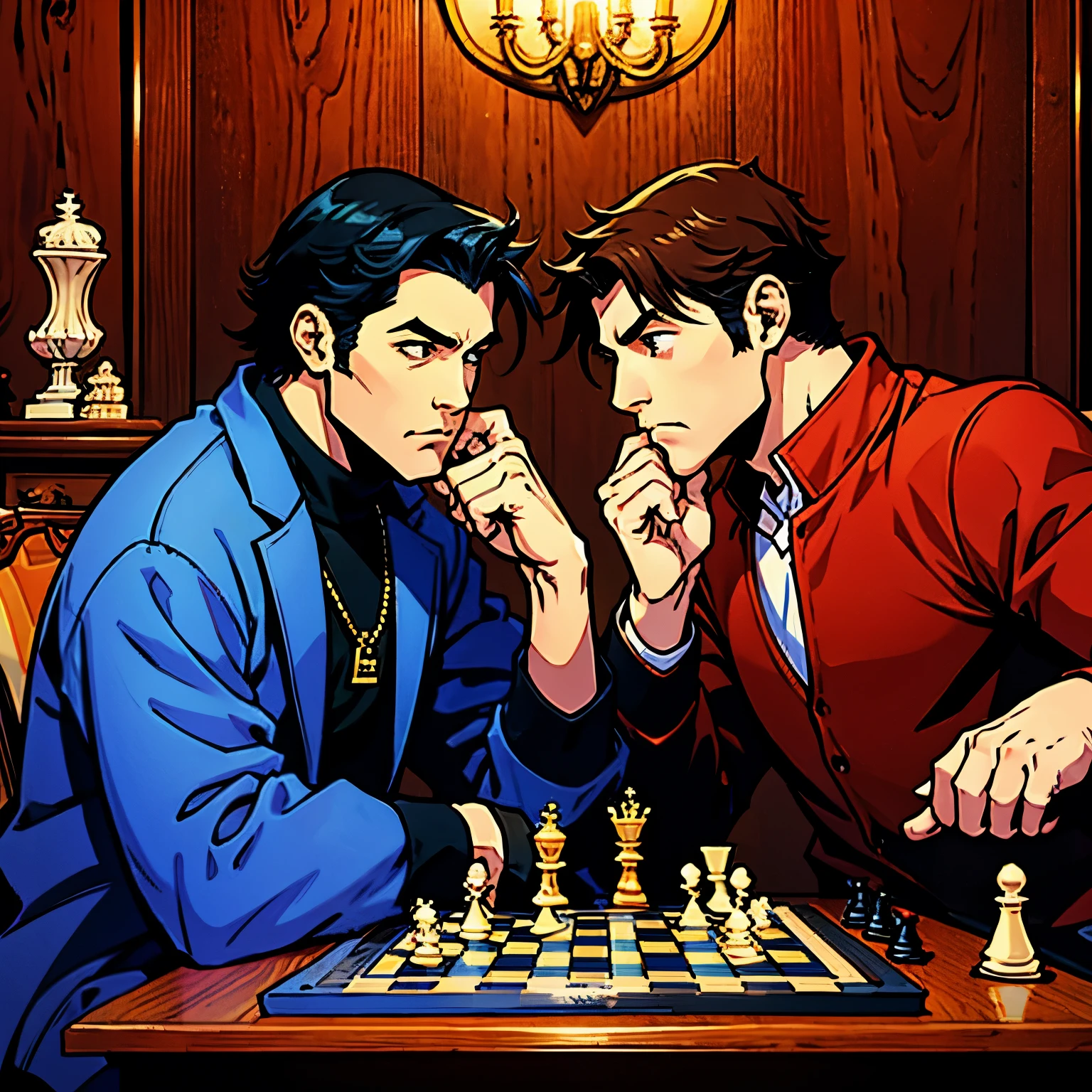 Two man people playing chess 