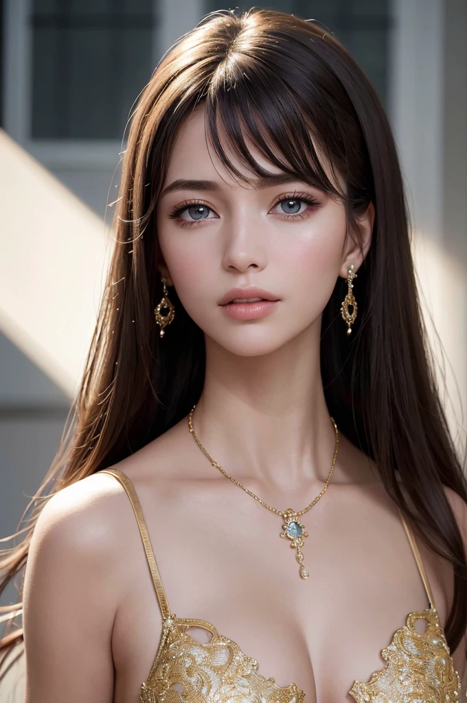 Imitate the above sentences to complete the following prompt words: (best quality,4k,8k,highres,masterpiece:1.2),ultra-detailed,(realistic,photorealistic,photo-realistic:1.37) An everyday young woman. Her perfectly coiffed, lustrous golden locks cascade down her shoulders, reflecting the light with a mesmerizing brilliance. Her eyes, a captivating shade of sapphire, glisten with a captivating depth, radiating both intelligence and compassion. She dons a simple yet chic ensemble, adorned with a delicate accessory that exudes her refined taste and unique style. Her slender and graceful silhouette is enhanced by the carefully chosen attire, accentuating her innate allure and artistic