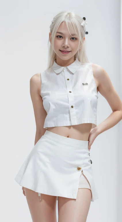 Gorgeous young sexy girl with blonde hair and space buns in white latex blouse, red latex skirt and white latex stockings with red patent leather shoes. School girl, perfektes Gesicht, vollbusig und sanft, verspielt.
