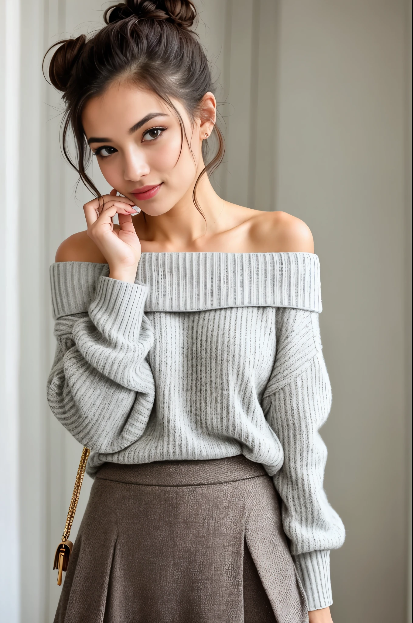 Beautiful portrait image: Medium shot capturing the influencer's playful side as she winks at the camera. She's comfortably stylish in an off-shoulder sweater and a chic skirt, her hair up in a casual bun, embodying an effortless, inviting vibe.