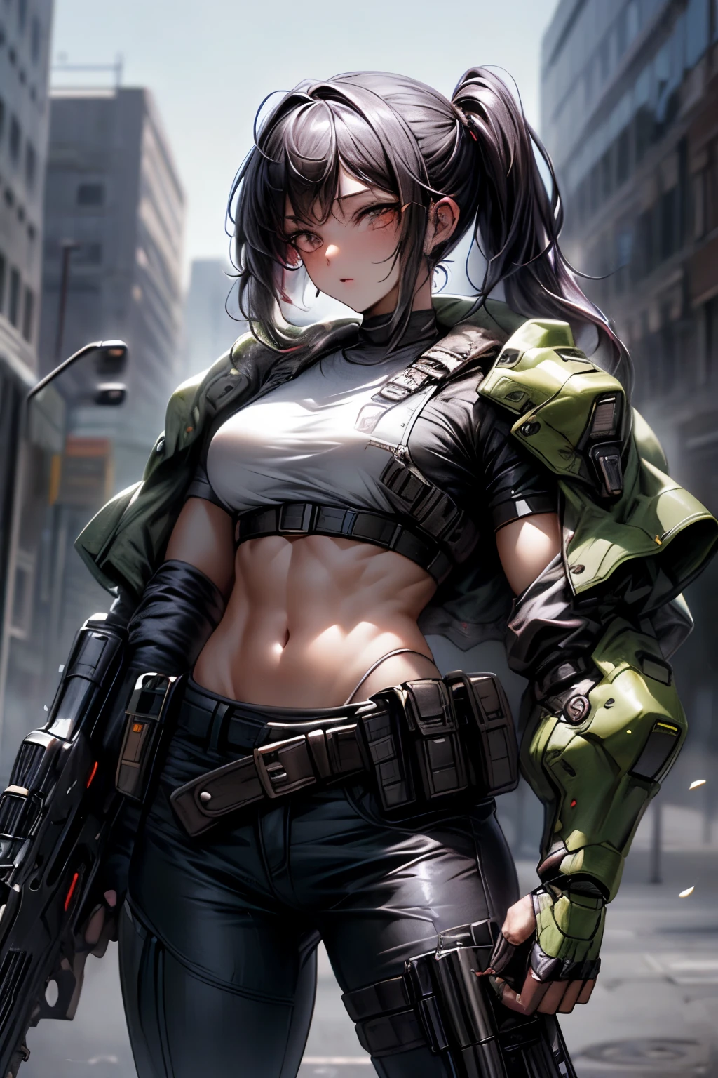 ((obra de arte)), ((melhor qualidade)), ((high resolution)), 1 garota, Sozinho, policial, (matching pants, pants), city backdrop, (segurar e apontar pistola, pistola detalhada, Glock 22, Disciplina de gatilho), standing, cabelo medio, (cabelo roxo, twintails), (olhos verdes),