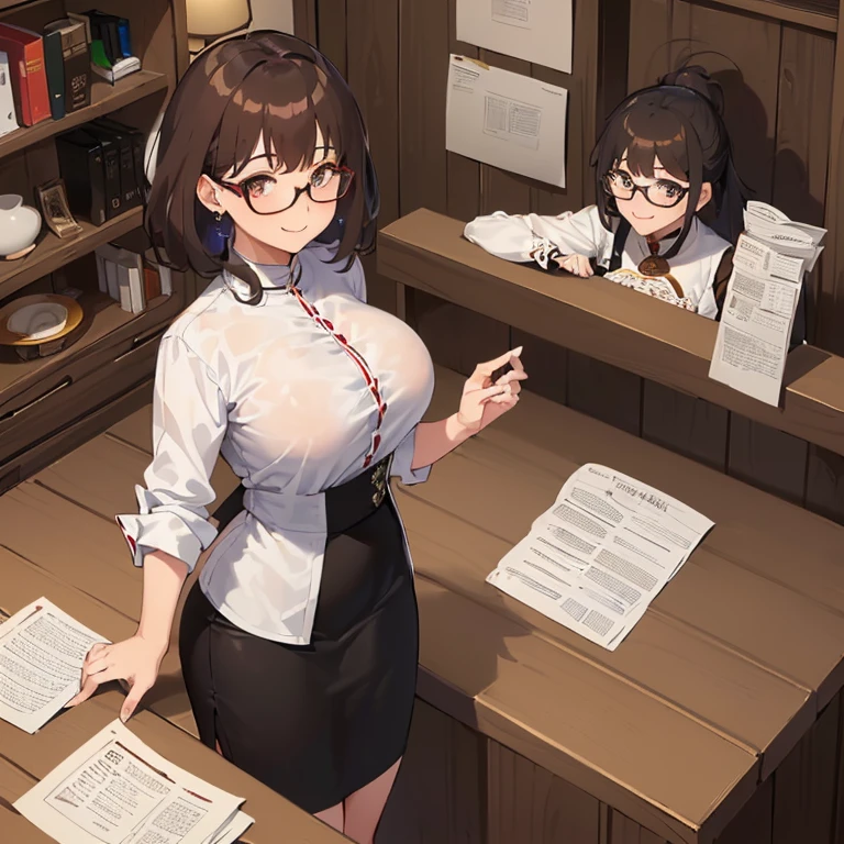 ((1 Woman, with a white mini blouse with Bhutan, with a black mini skirt with Bhutan, with white panties)),((brown hair)),((shallow eyes, with glasses, with a cute smile)), ((big breasts,((standing, facing the viewer, behind a wooden service counter with books and paper on the counter,