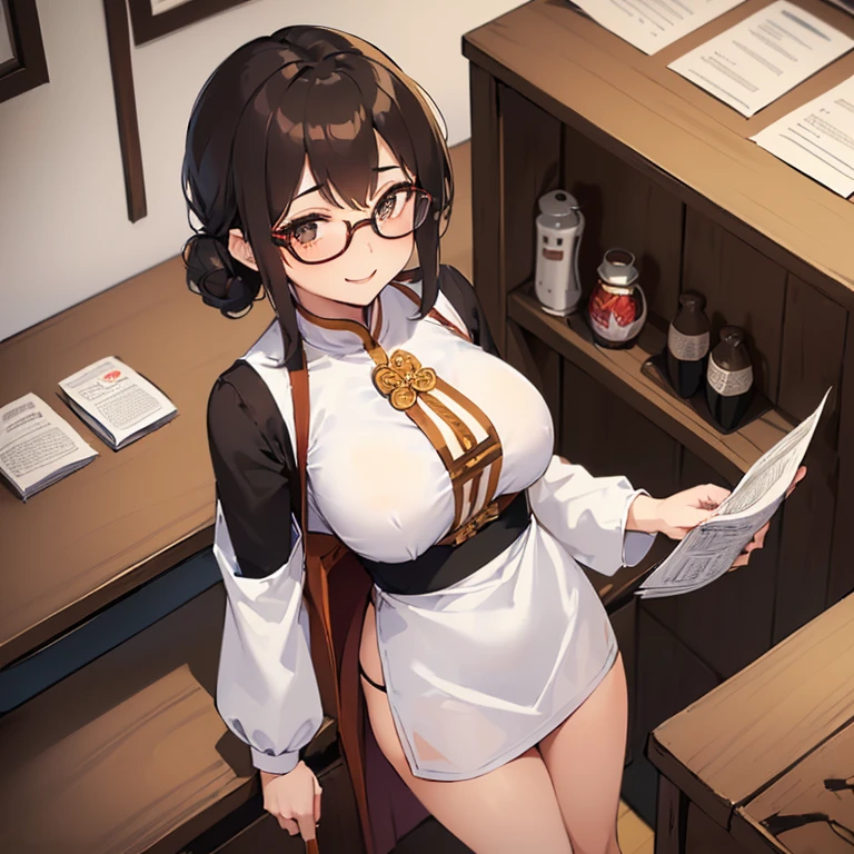 ((1 Woman, with a white mini blouse with Bhutan, with a black mini skirt with Bhutan, with white panties)),((brown hair)),((shallow eyes, with glasses, with a cute smile)), ((big breasts,((standing, facing the viewer, behind a wooden service counter with books and paper on the counter,